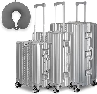 3in1 M+L+XL Handgepäck(53cm) + Checkin-Trolley(65cm) + XL Koffer(75cm) Reisekoffer Set mit Alu-Rahmen, ABS + Anthrazit Nackenkissen & TSA Nummern-Schloss | Silber