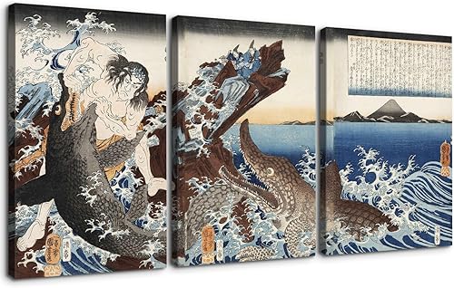 Dimpoli Lienzo de pintura japonesa para decoración de pared, 3 piezas, 32 x 48 pulgadas, Katsushika Hokusai, paisaje general, Kamakura y cocodrilo,