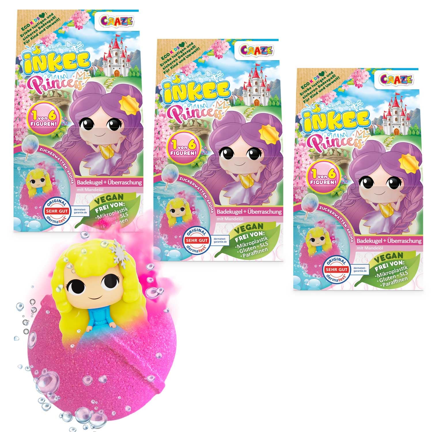 INKEE Surprise Princess Badebomben – 3er Pack Prinzessin Badekugeln mit Überraschungsfigur, Zuckerwatte-Duft & Mandelöl, dermatologisch getestet, 3x 100g