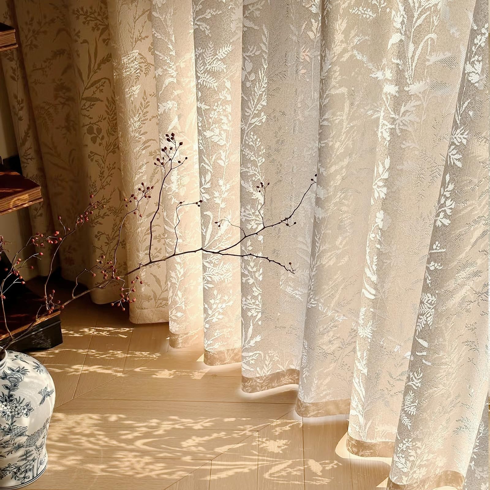 LANTIME Lace Sheer Pinch Pleated Curtains 96 Inches Long 2 Panels, Light Filtering Window Drapes for Living Room, 42" W x 96" L,Off White