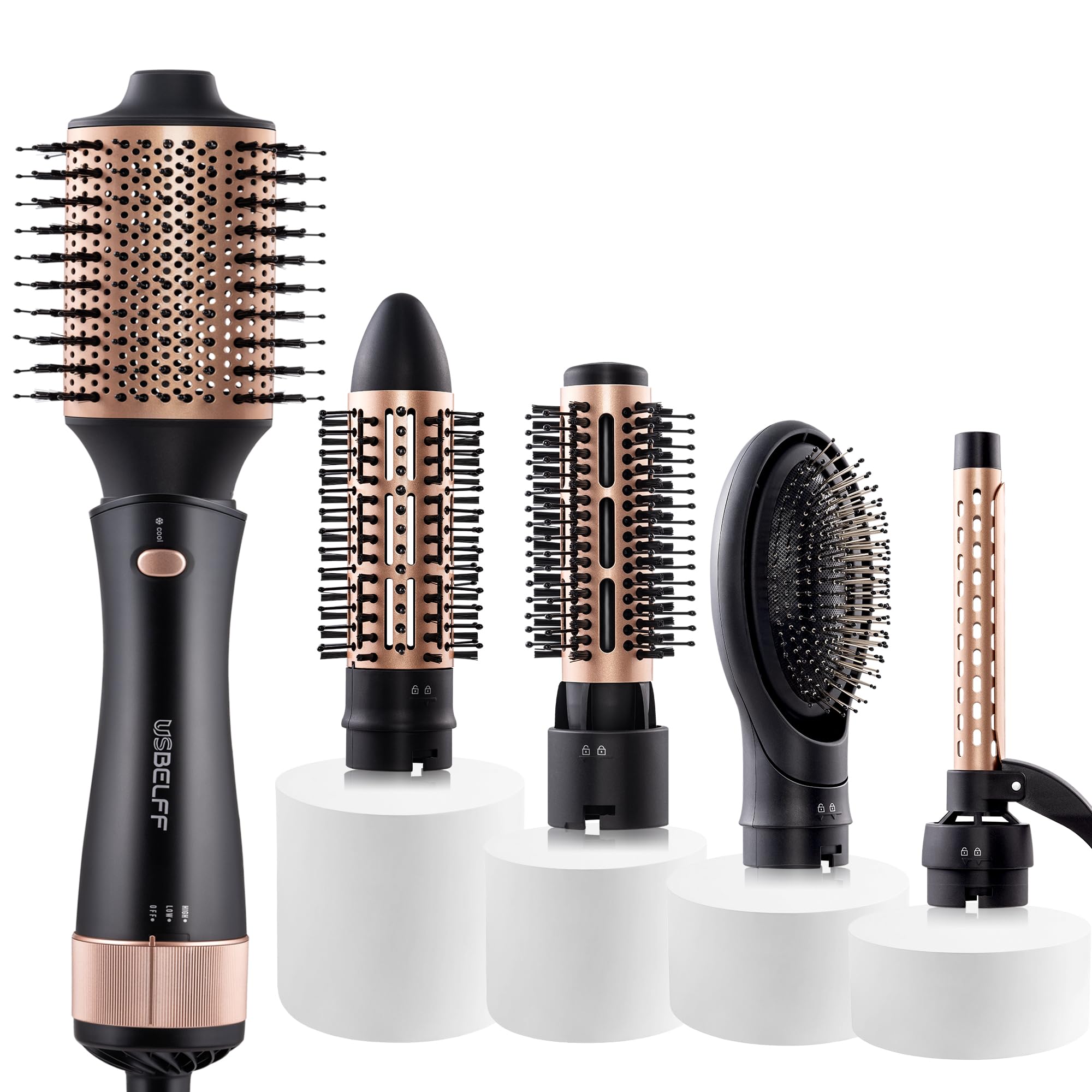 Hot-Air Blow Hair Dryer Brush - 5 in 1 One-Step Hair Drying Volumizing Straightening Styler Kit for All Hair Types, Negative Ion for Smooth Care, Multiple Combo Option by 5 Detachable Brush Head