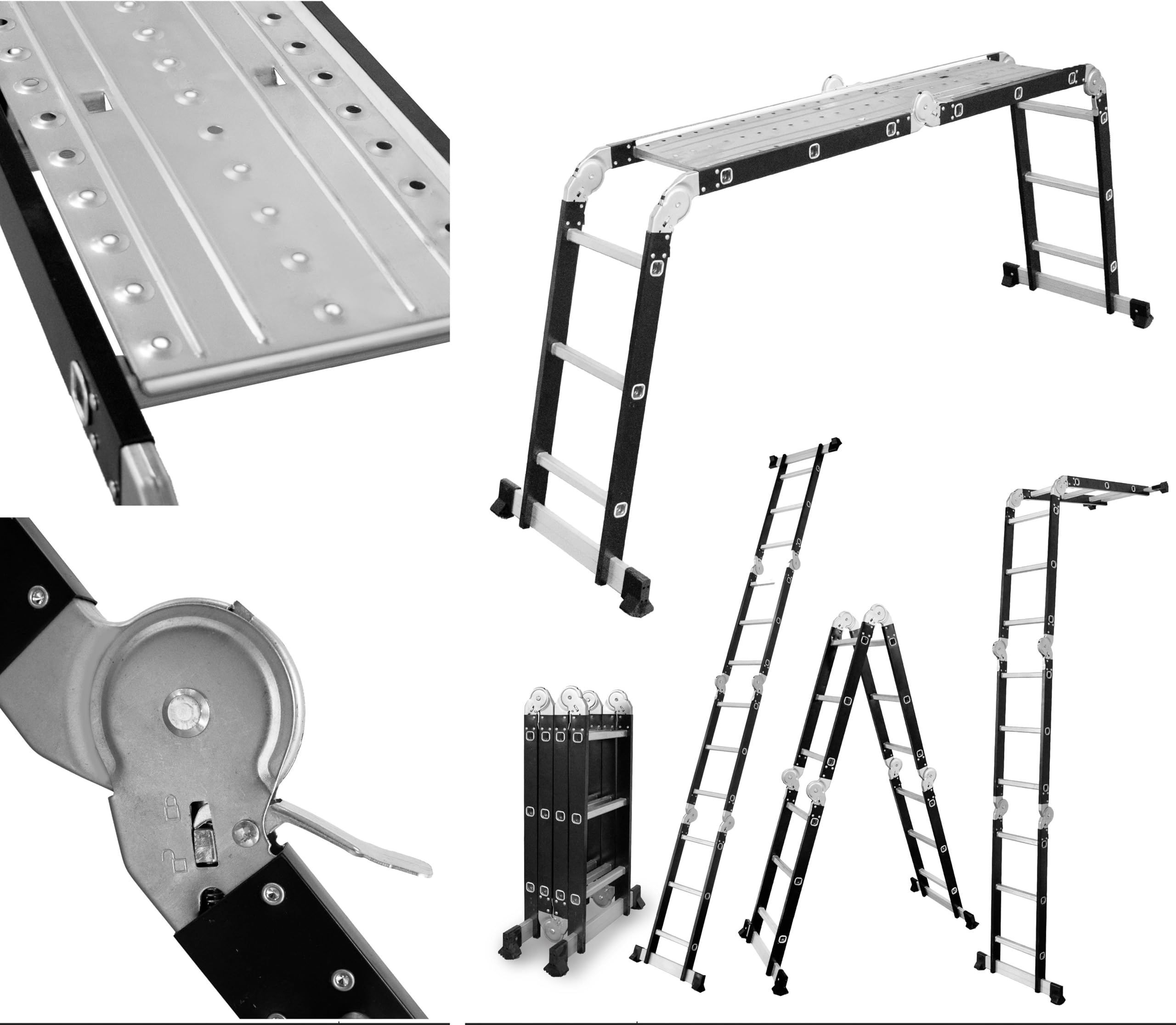 Drabest Silver-Black Universal Ladder Articulated Folding 4X3 Steps + Podest – Aluminium + Steel – Maximum Load 125 Kg – 0.32 X 0.89 X 0.25 M