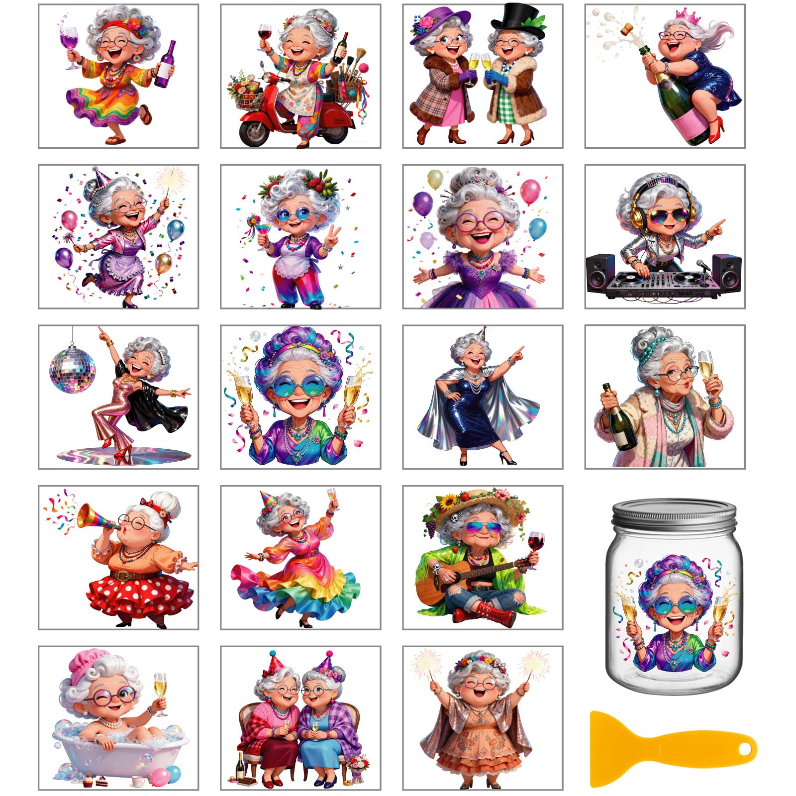 GLOBLELAND 18 Sheets Funny Old Lady Transfer Stickers 3.9x3.6inch Colorful Happy Party Woman Transfer Decal Rub on Transfer for Cup Decal Vase Glass Art Crafts Decorations