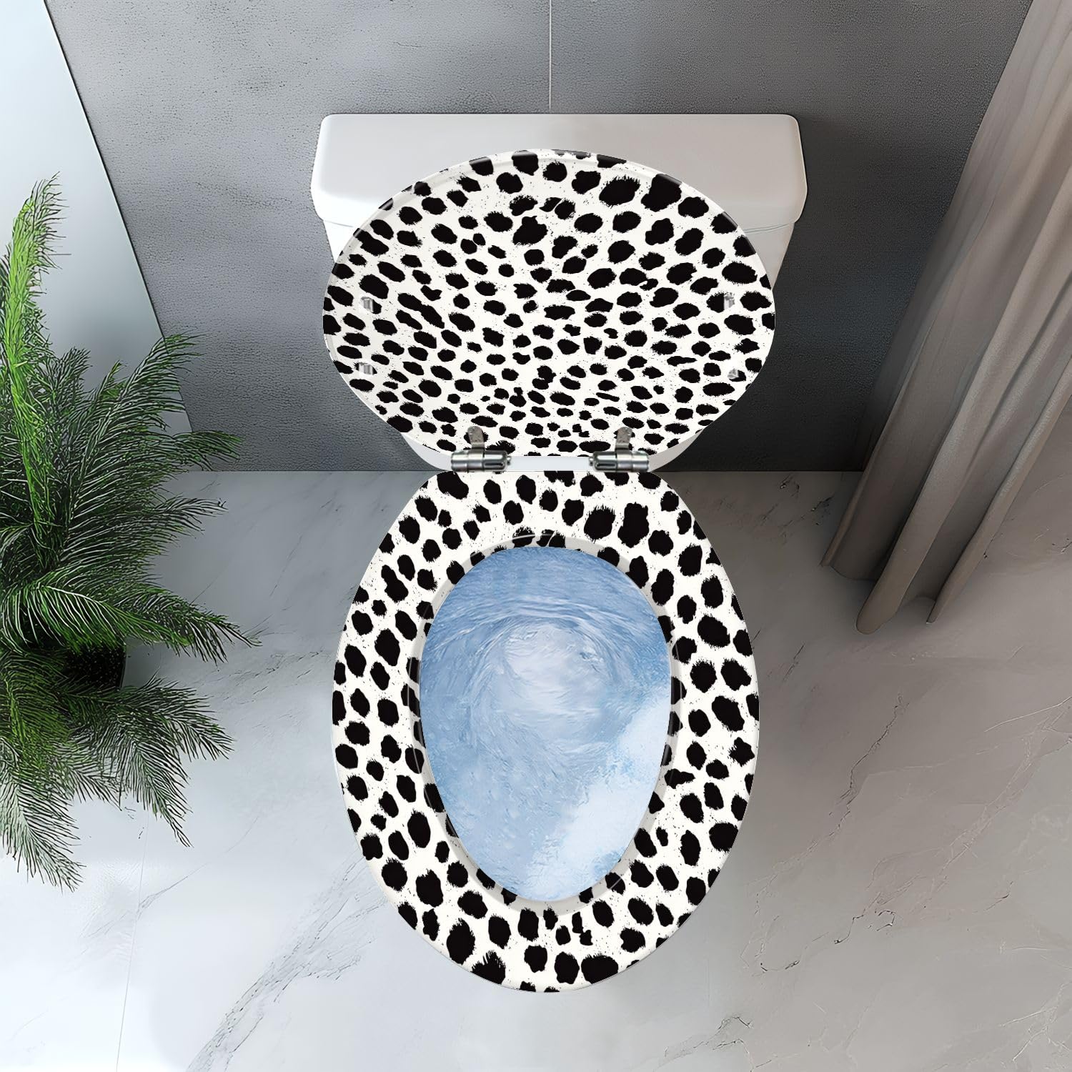 Asiento de inodoro alargado de resina con estampado de piel dálmata para baño