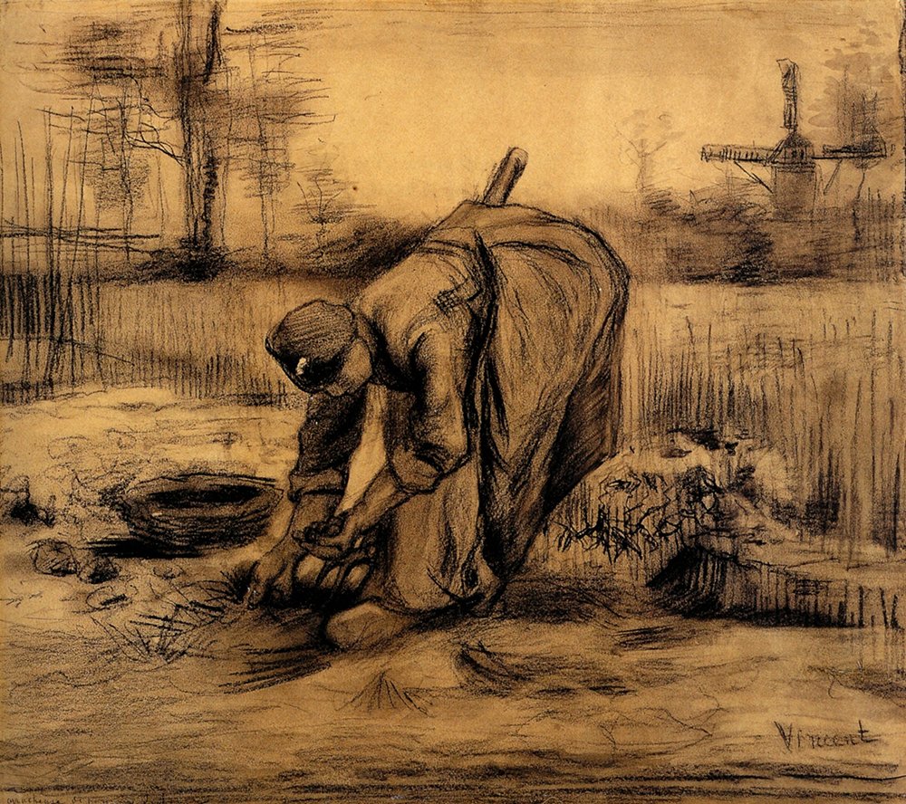 Poster Van Gogh Peasant Woman Lifting Potatoes 1885 pour encadrement sans reflet