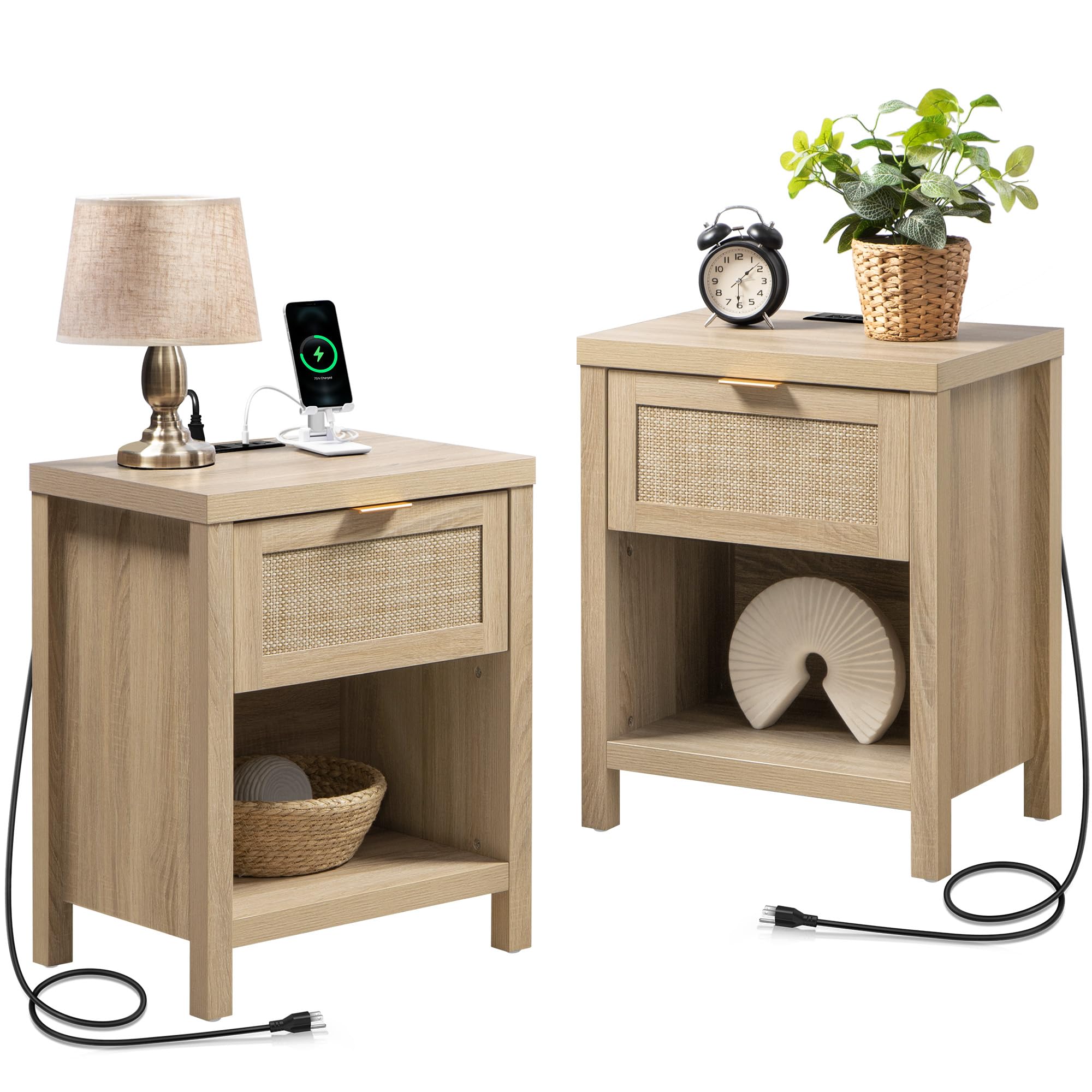 SICOTAS Night Stand Set of 2 with Charger Station Rattan Nightstands with Drawer Farmhouse Bedside Table with USB and Type-C Ports Boho End Side Table