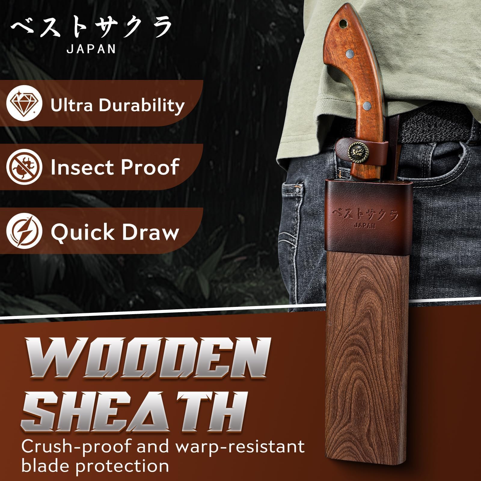 Golden Bird Outdoor Messer Survival Machete Großes Full Tang Design mit Holzgriff und Eichenholz-Scheide – Präzise Bushcraft Messer für Camping, Gartenarbeit und Überlebenssituationen- Geschenke