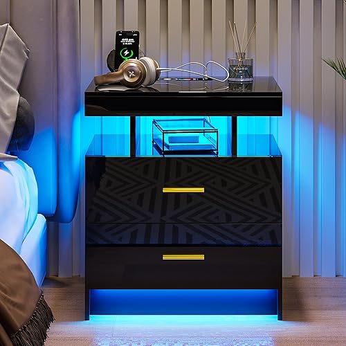 Miniatura 8 de Mesita de noche LED RGB con estación de carga inalámbrica, mesita de noche blanca con parte superior de vidrio glamoroso y 2 cajones, mesa de noche