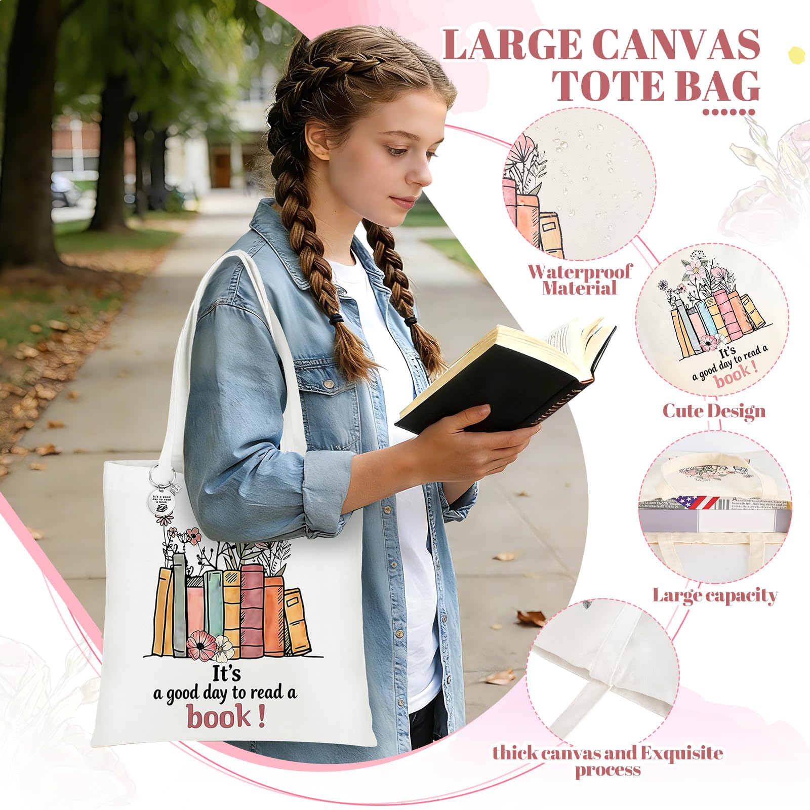 Buchliebhaber-Geschenk für Frauen, 6 Stück, Buchzubehör, Buch-Geschenke, inklusive Schlüsselanhänger, Leinen-Tragetasche, Bücher, Liebhaber, Reißverschluss, Make-up-Tasche, Notizbuch, Stift