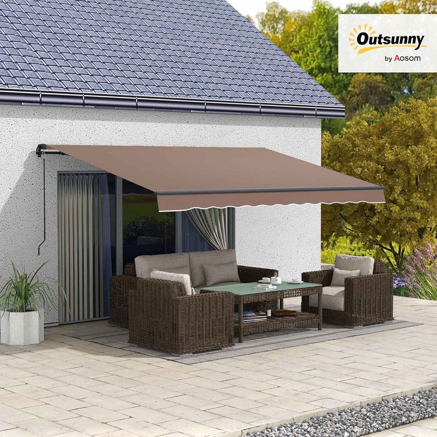Outsunny 13' x 10' Retractable Awning installed on a patio, providing shade over outdoor furniture.
