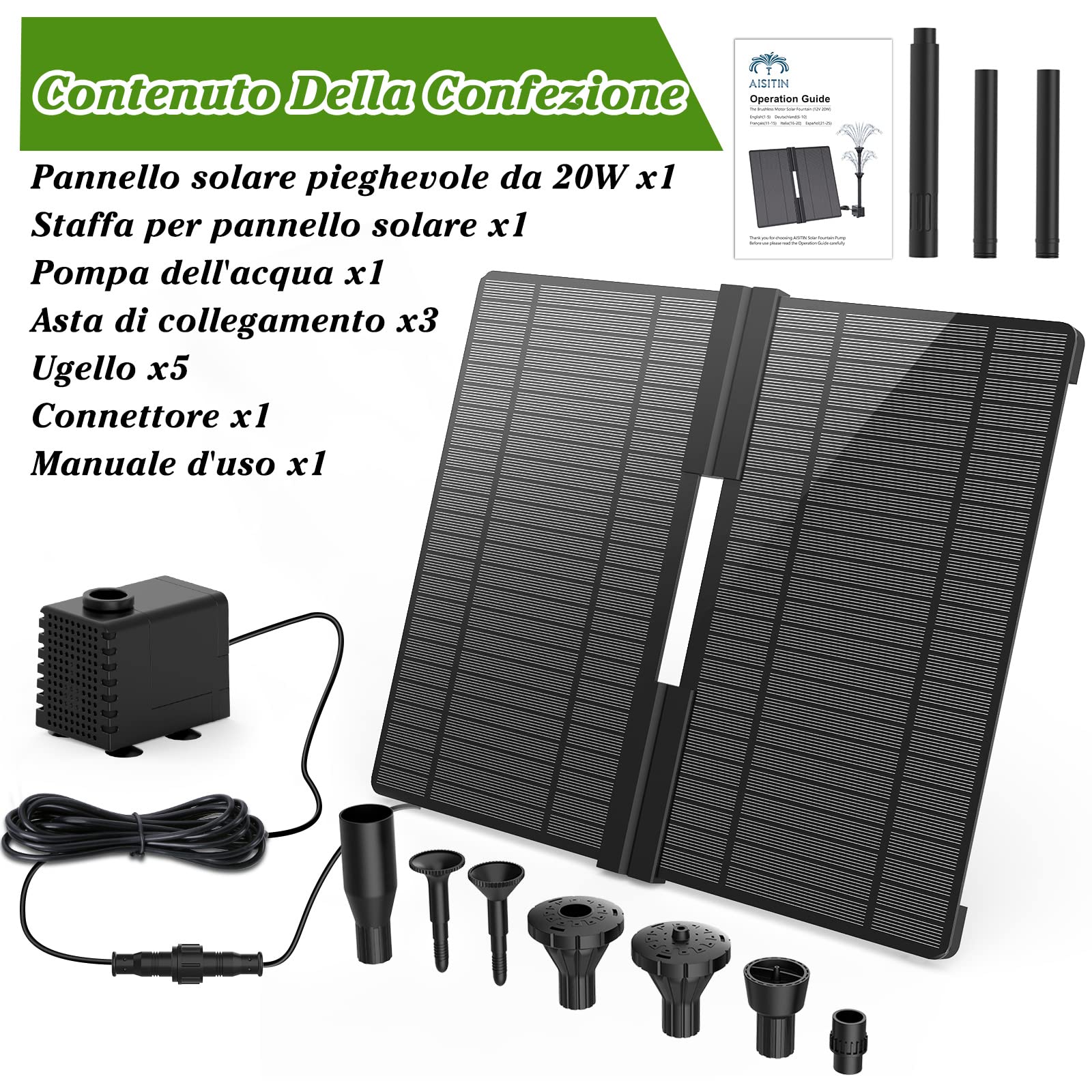 AMZtime 20W Fontana Solare da Esterno Fai Da Te, Ultimo Aggiornamento Pompa Stagno Solare Pieghevole, con Supporto Regolabile e 6 stili di fontana, per Giardino, Stagno, Fai Da Te Acqua Caratteristica