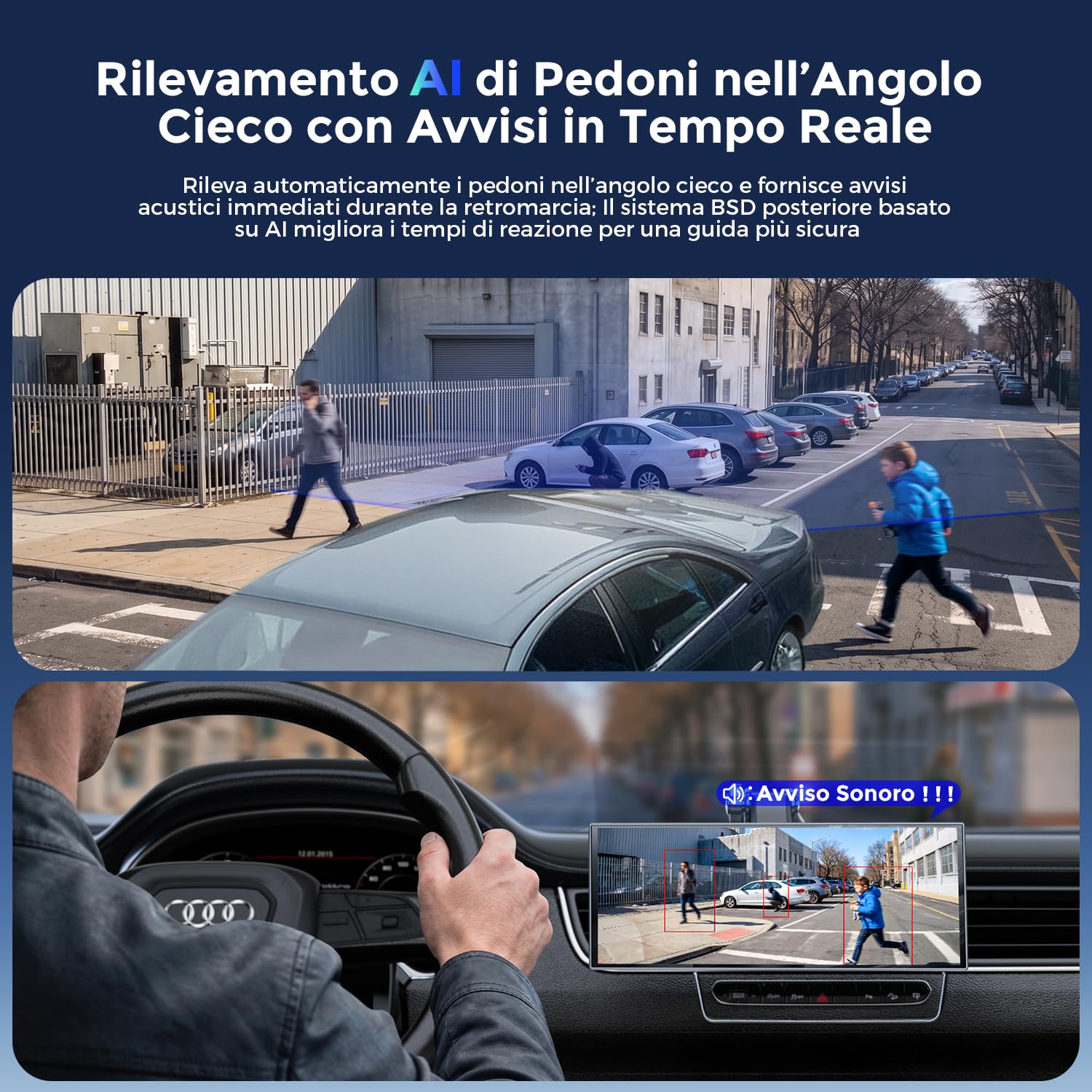 Avylet Schermo CarPlay da 10,25" con BSD AI Posteriore, Dash Cam Doppia 4K, Apple CarPlay e Android Auto Wireless, 60FPS 1920×720, Mirror Link, GPS, Navigazione, Controllo Vocale, Scheda TF 64GB