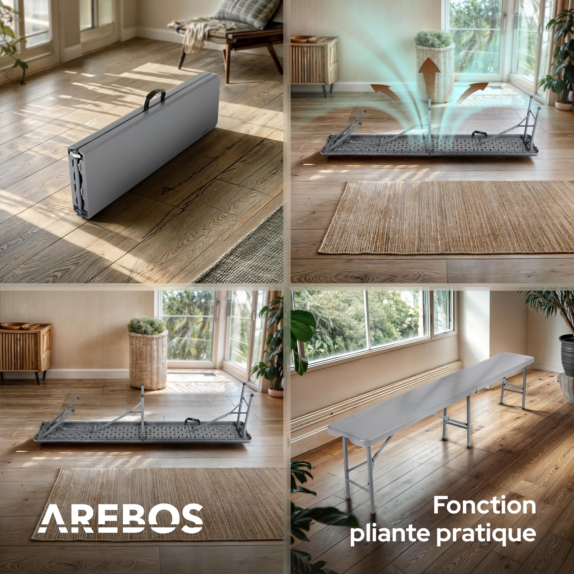 AREBOS Banc de Brasserie Pliable 2X avec poignée | 183 x 28 x 43 cm | Banc Pliant pour Jardin, Camping, fête, terrasse | Set de 2 bancs Robustes et transportables | Couleur Anthracite