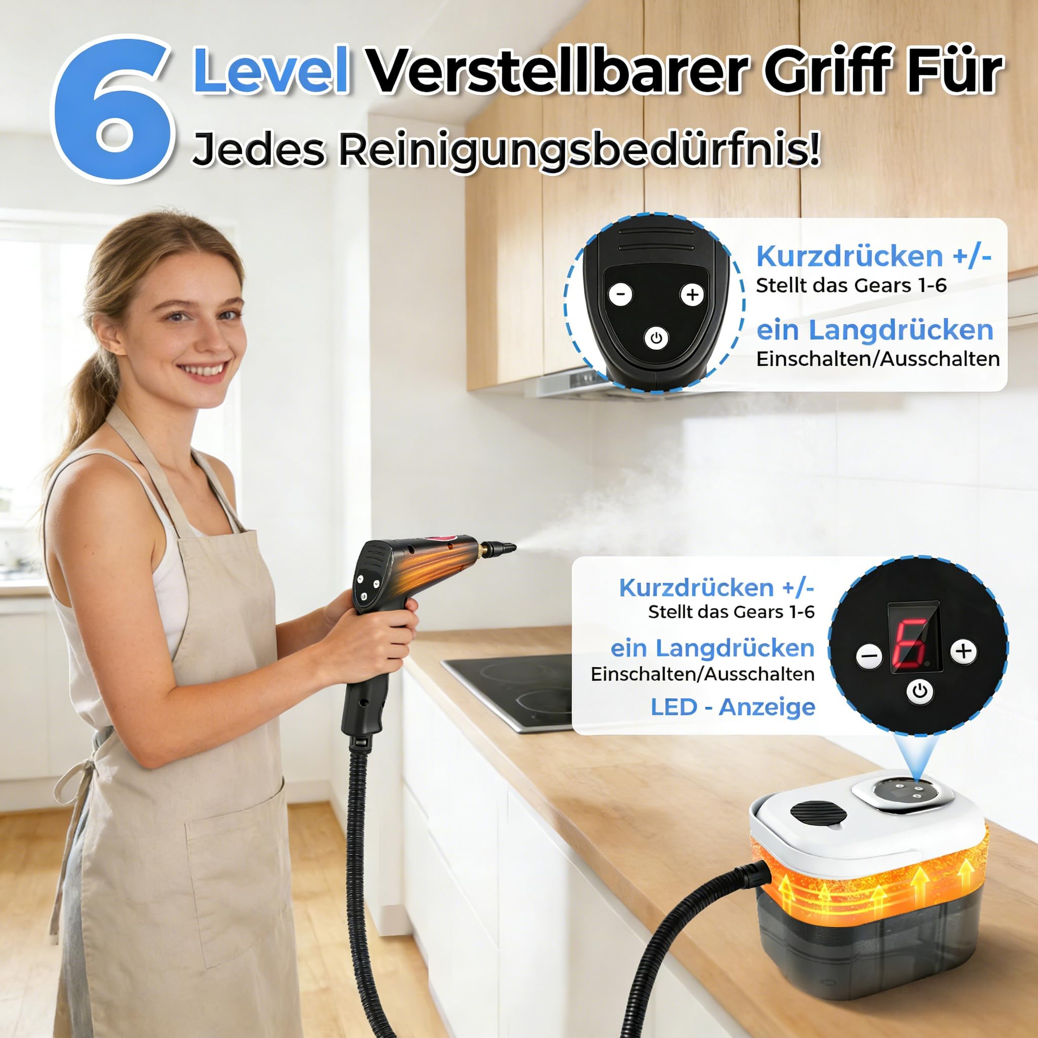 Dampfreiniger Handgerät 2500W für Haus & Auto,Tragbarer Handdampfreiniger mit 6 Dampfstufen,15s Schnelles Aufheizen & 1,7L Wassertank, Multifunktionaler Haushaltsdampfreiniger für Boden Teppich Sofa