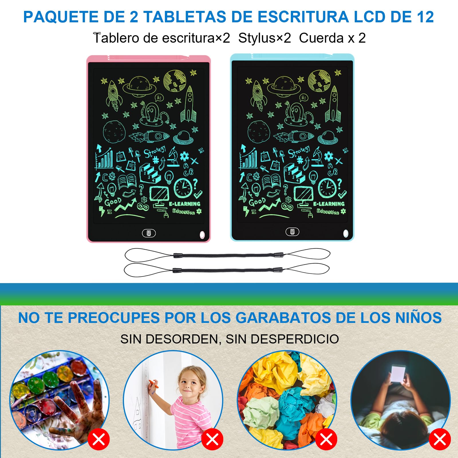 Electight Tablet Escritura LCD 12 Pulgadas 2 Packs Pantalla Colorido Infantil Juguetes Educativo Niños Borrable Bloqueo
