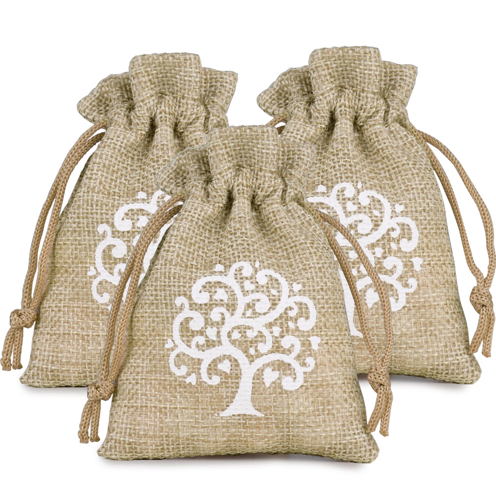 30 Petits Sacs De Jute 8x10cm Avec Pendentifs Arbre De Vie Et Ruban - Sacs à Dragées Baptême Mariage