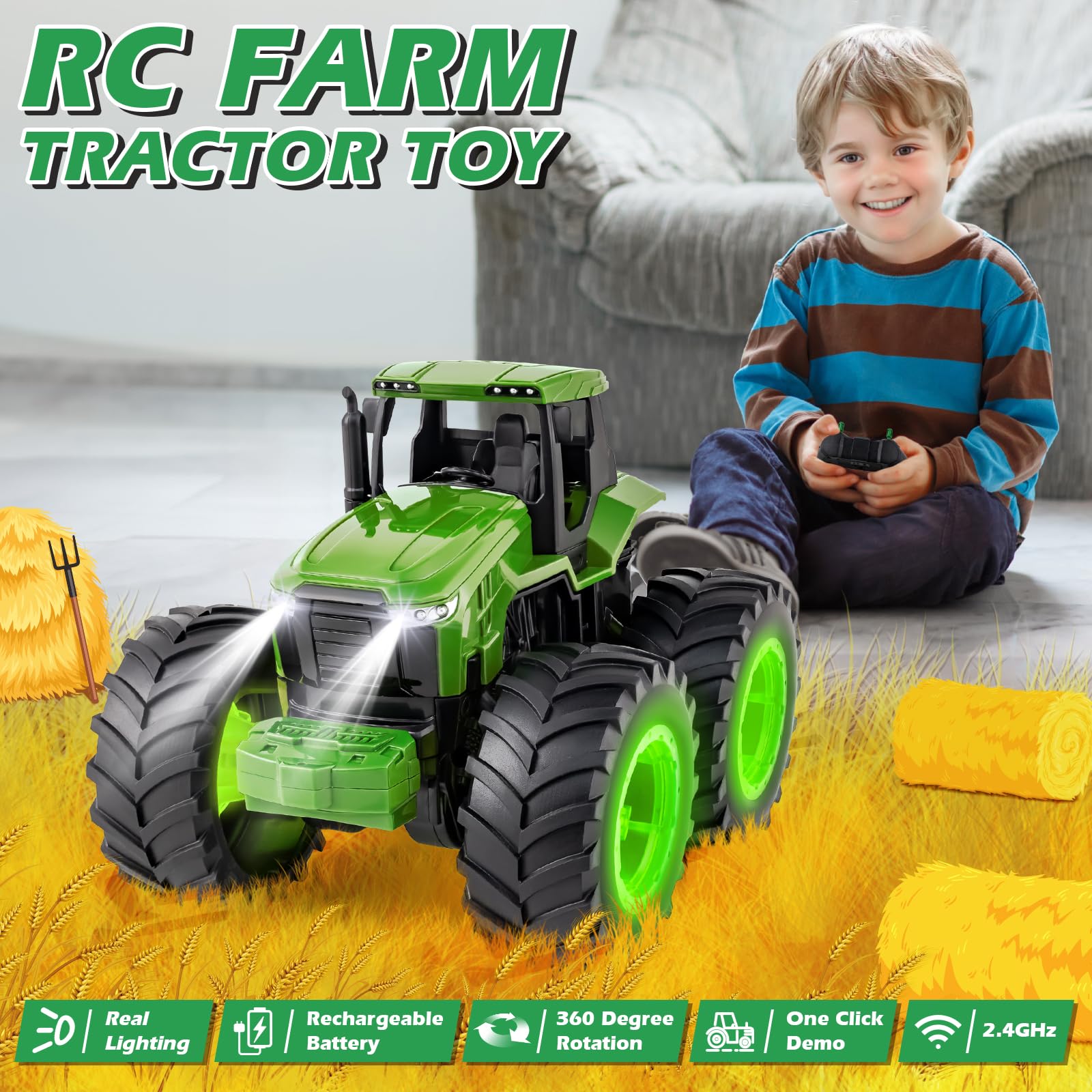 Remote Control Tractor Toys for Kids 3-5, Light Up Monster Trucks Toy for Boys 3,4,5,6,7 Year Old, Toddlers RC Farm Vehicle Toys for Ages 3-7 Years Old, Ideal Birthday Toys Gift for Boys Girls