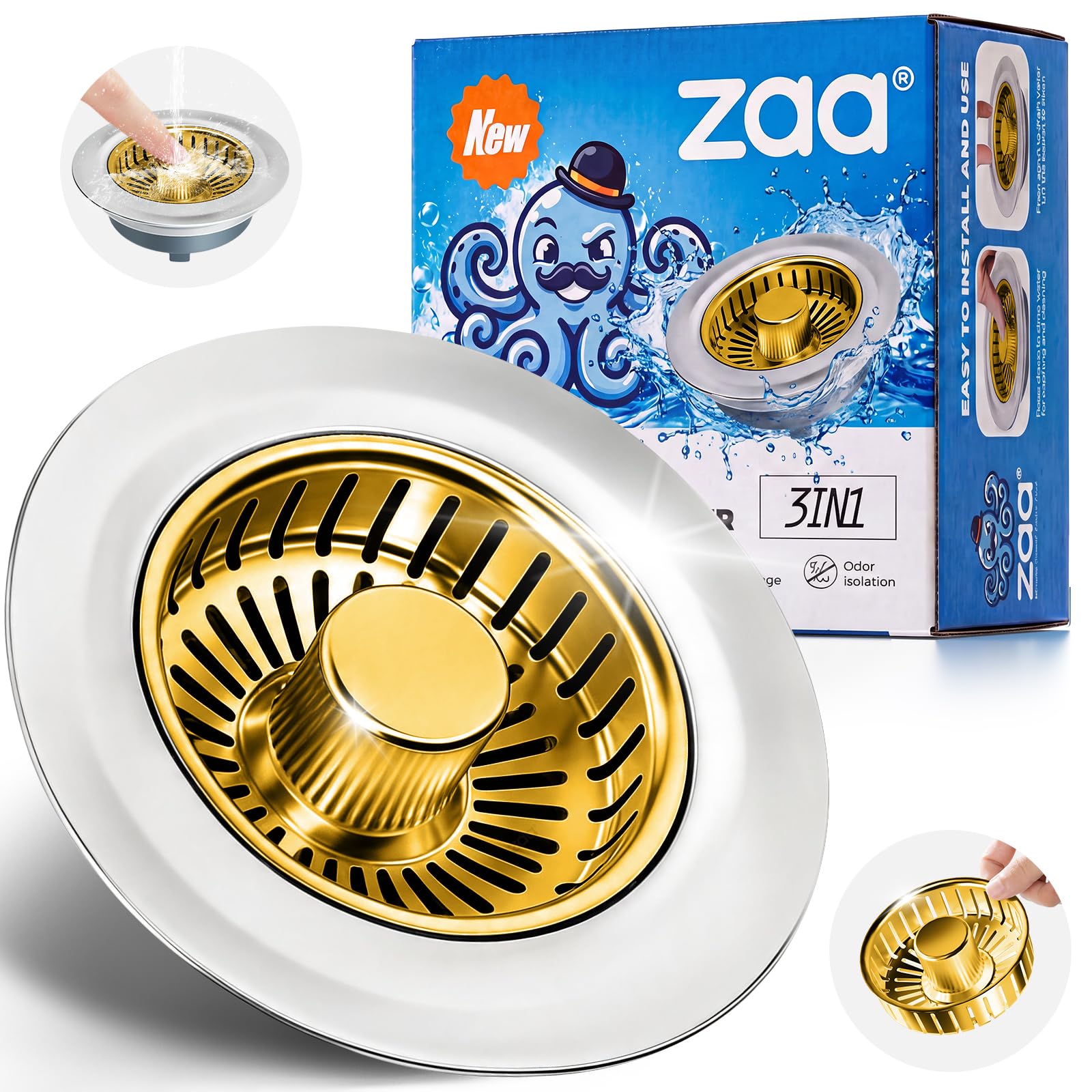 zaa Kitchen Sink Drain Strainer - Kitchen Sink Stopper, 304 Stainless Steel Sink Drain Stopper, Sink Protector for Kitchen with Anti-Clog Filter, Fit US Standard 3-1/2'' Sink Drain Hole, Gold