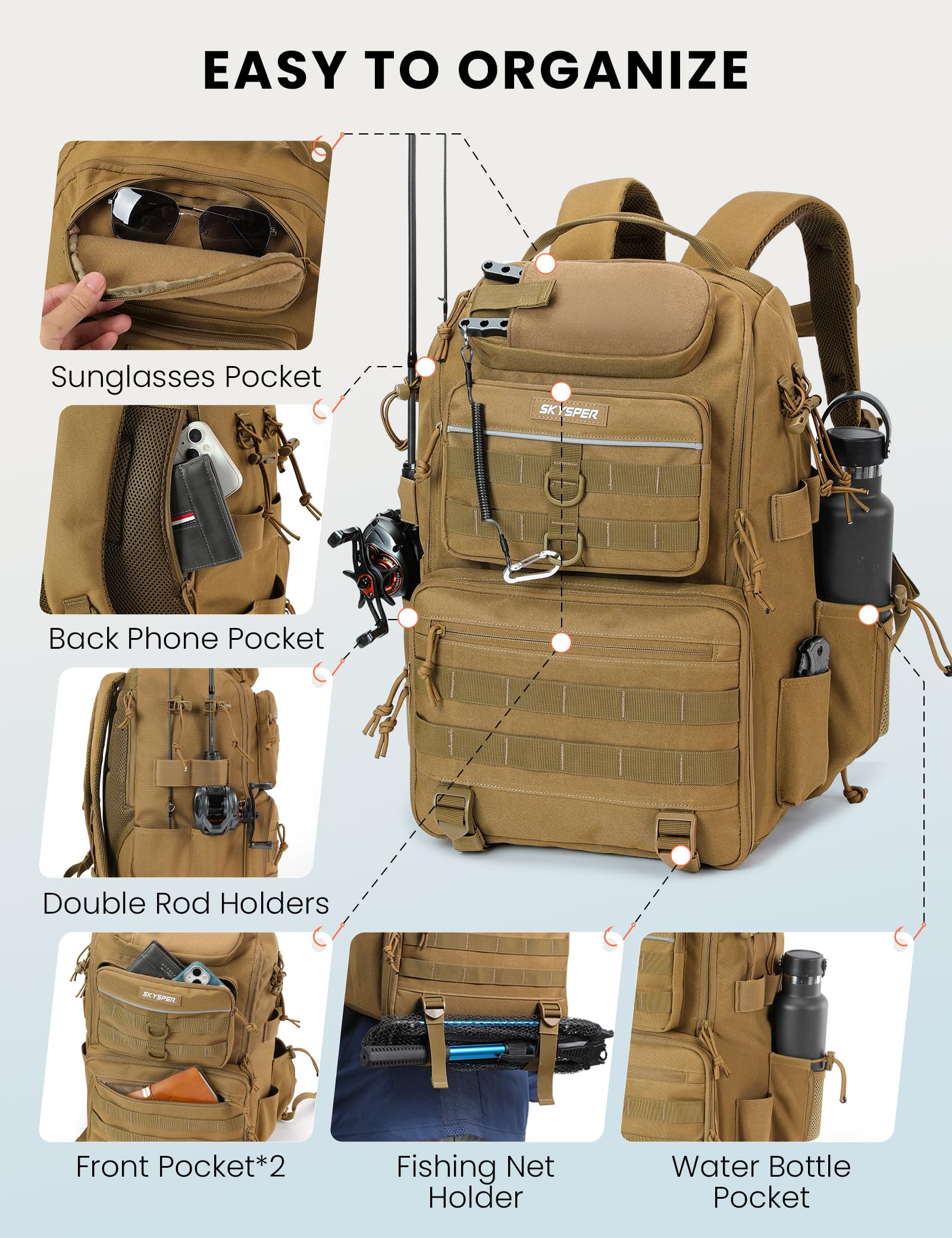 SKYSPER Angelrucksack,Angelzubehör Rucksack mit Rutenhalter Angeltasche Angelausrüstungstasche 40l für Angeln