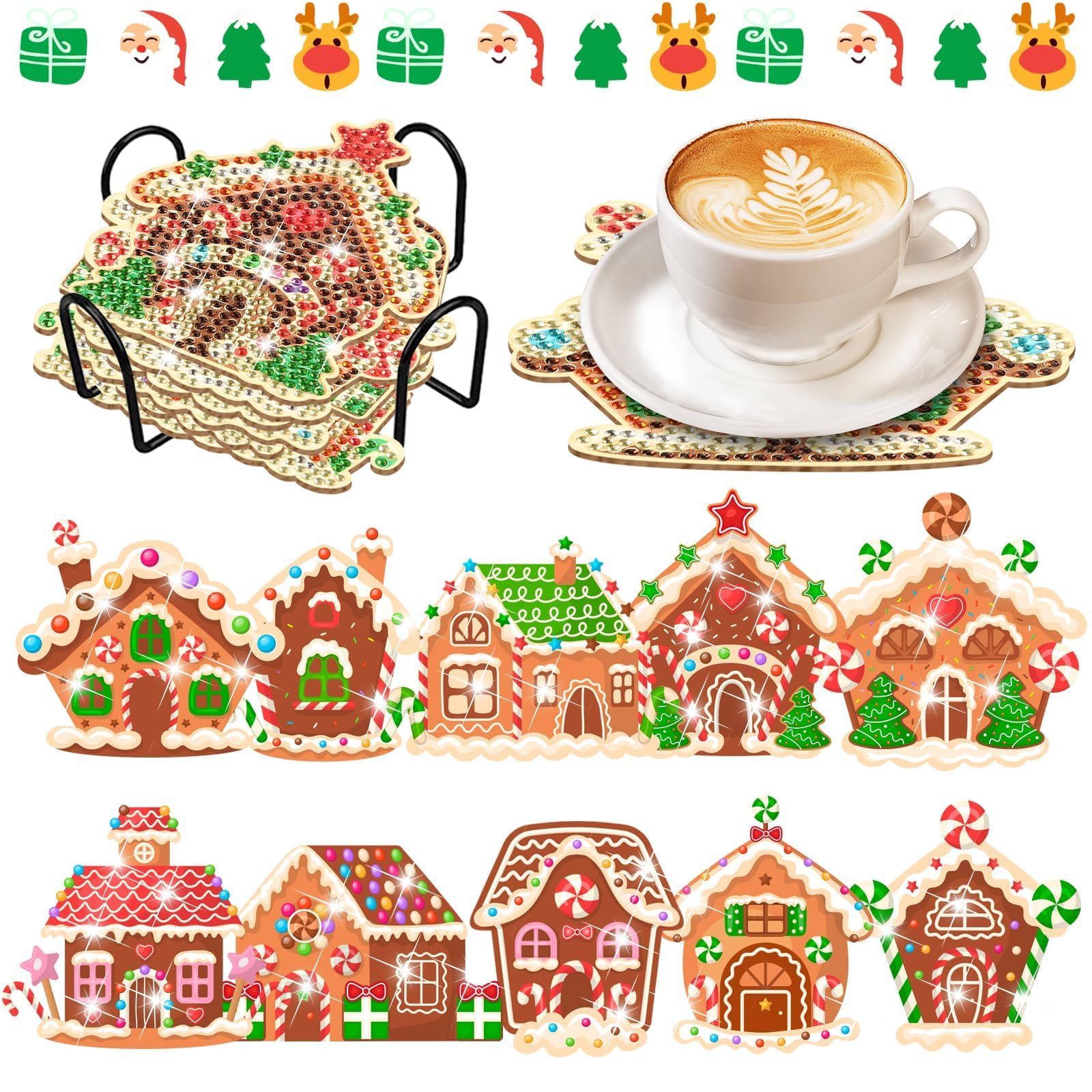 BIGTHREE Christmas Candy Cabin Diamond Art Coasters, 10 Pcs Christmas Gingerbread House Diamond Arts Coaster with Holder, DIY Diamond Art Coasters for Beginners, Christmas Holiday Decor