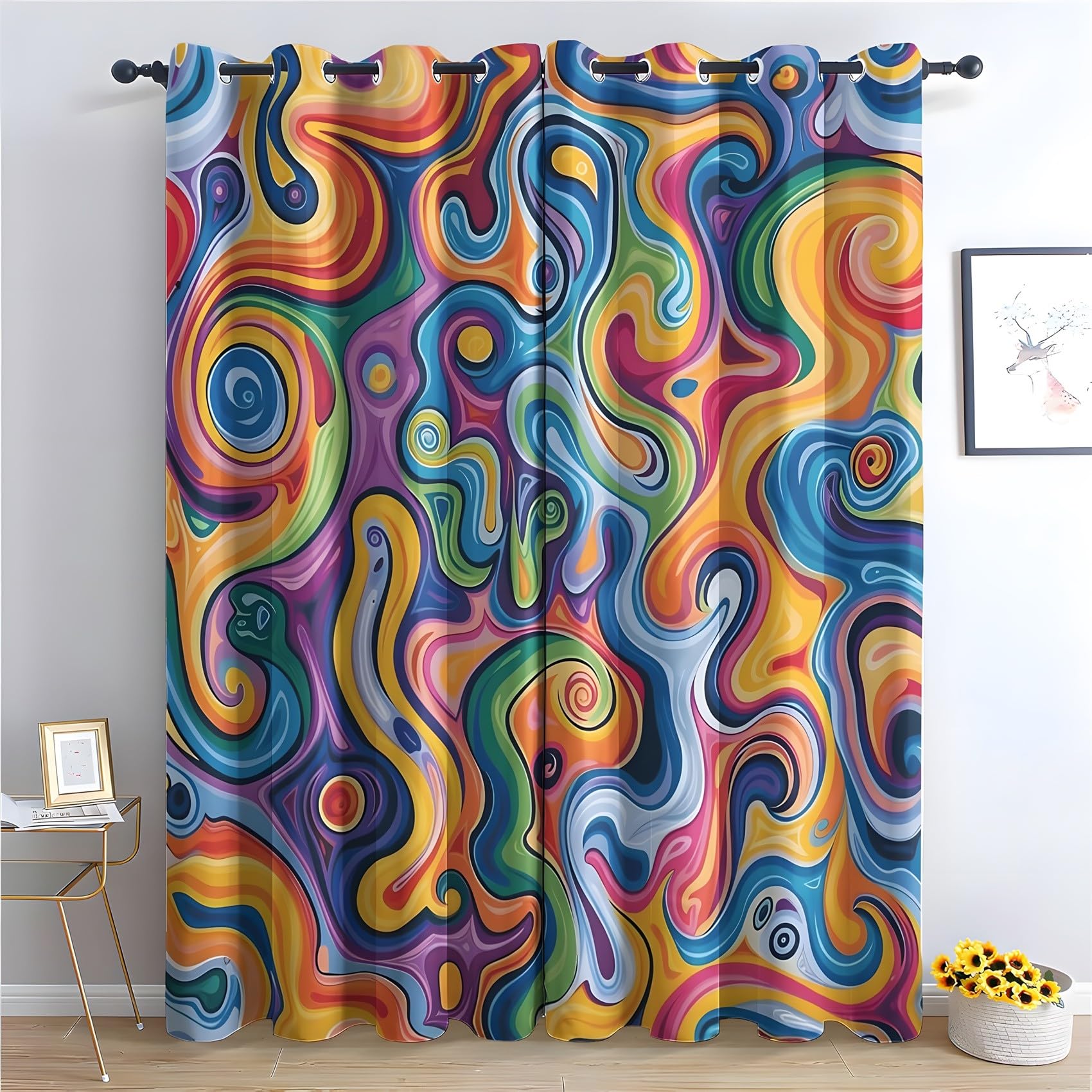 KaiHeBeding Colorful Psychedelic Pattern Blackout Curtains for Bedroom - Abstract Art Living Room Curtains 66x72 Eyelet - Soft Thermal Insulated Patterned Drapes for Windows - 2 Panels