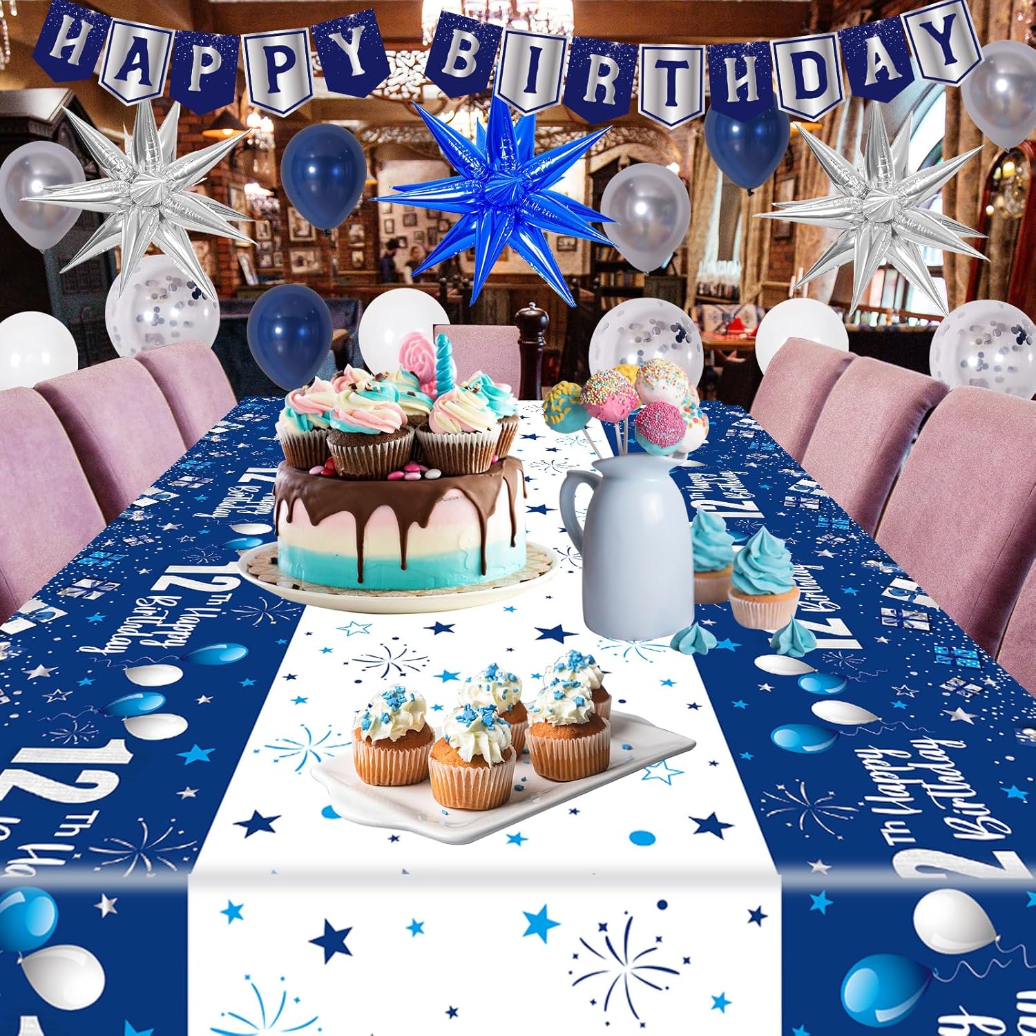 12th Birthday Decorations Boy, Happy 12th Birthday Decorations for Boys Girls, Blue 12 Year Old Birthday Banner Decoration Balloons Tablecloth Foil Backdrop Star Balloons, 12th Bady Decor for Teens - Image 7