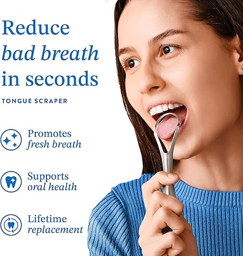 Miniatura 2 de BASIC CONCEPTS Raspador de lengua paquete de 2 unidades reduce el mal aliento limpiadores de lengua de acero inoxidable raspadores de lengua de