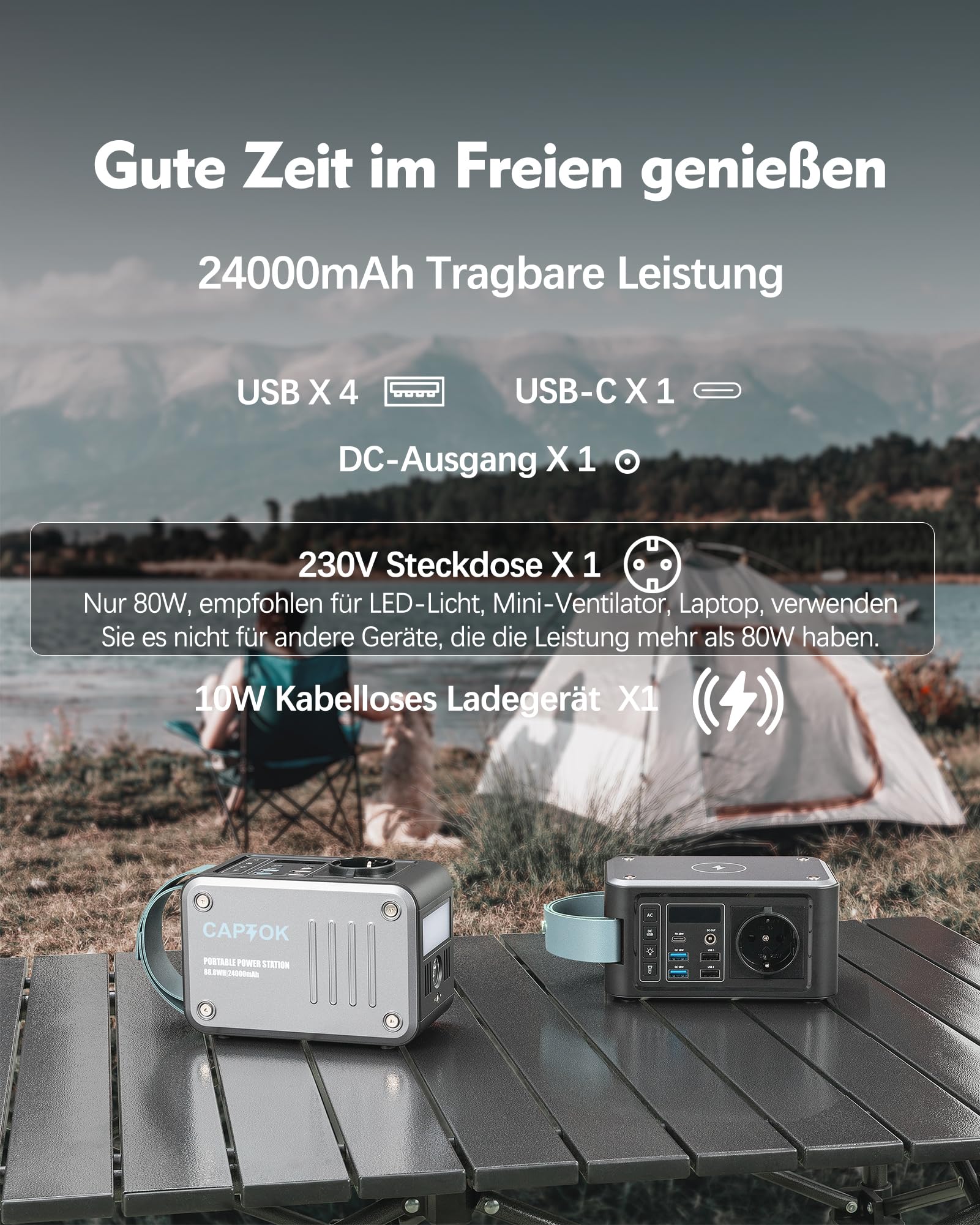 Powerbank 230V mit Steckdose 88.8Wh Powerstation, 10W Drahtloses Ladegerät, 120W Solar Generator USB LED für Camping Outdoor Notfall