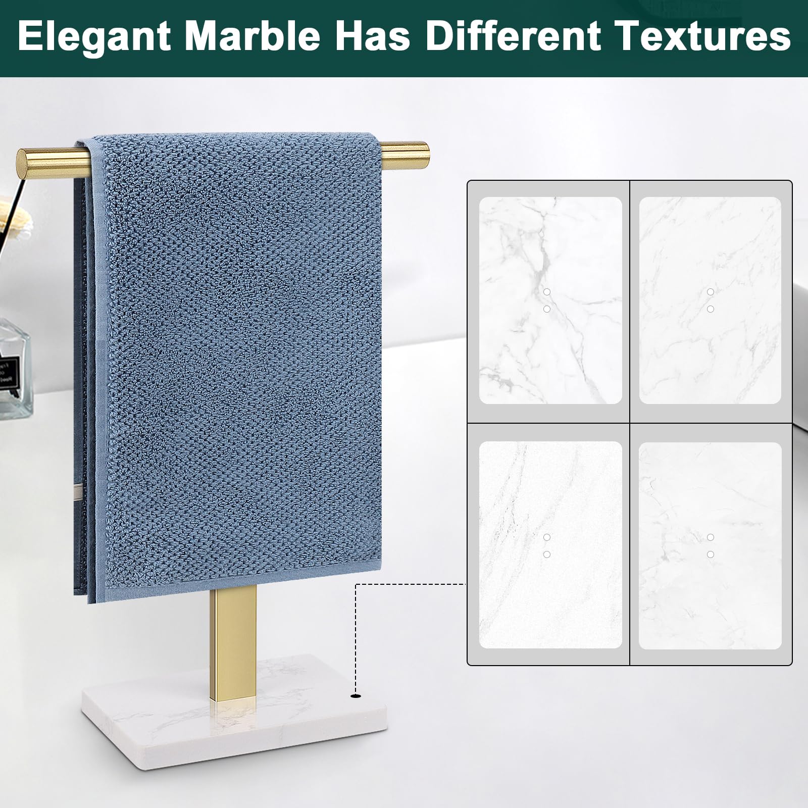 Soporte para toallas de mano, soporte para toallas de mano en forma de T para baño, toallero de mano para encimera de cocina, acero inoxidable 304 (base de mármol, dorado)