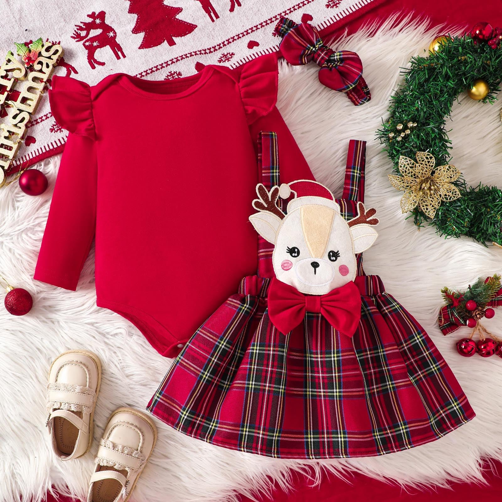 Weihnachtskleidung für Babys, Mädchen, 74, Langarm, Cartoon, Träger, Plaid, Röcke, Babykleidung