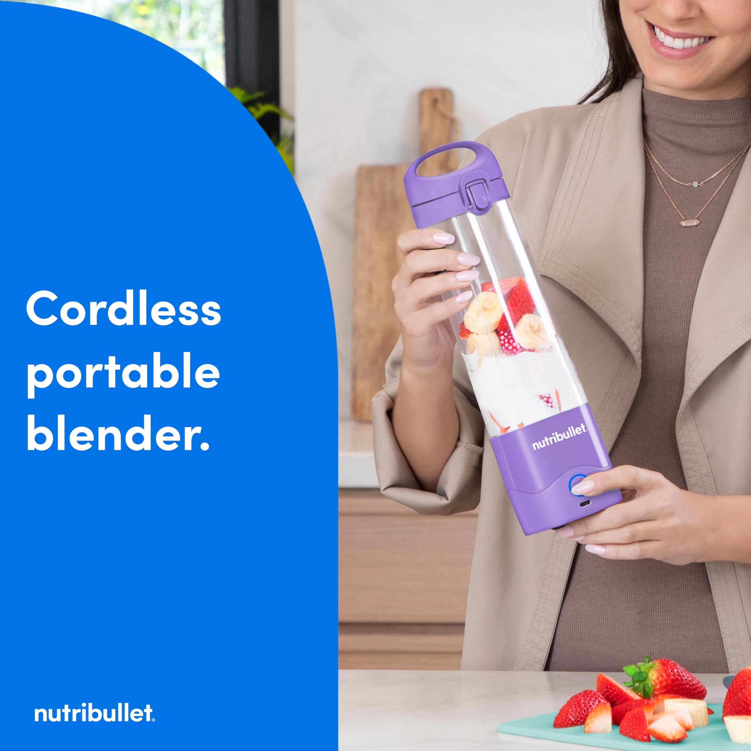 nutribullet Batidora portátil, inalámbrica, recipiente de 20 onzas, licuadora personal para batidos, recargable por USB-C, morado claro, NBPB50100LP