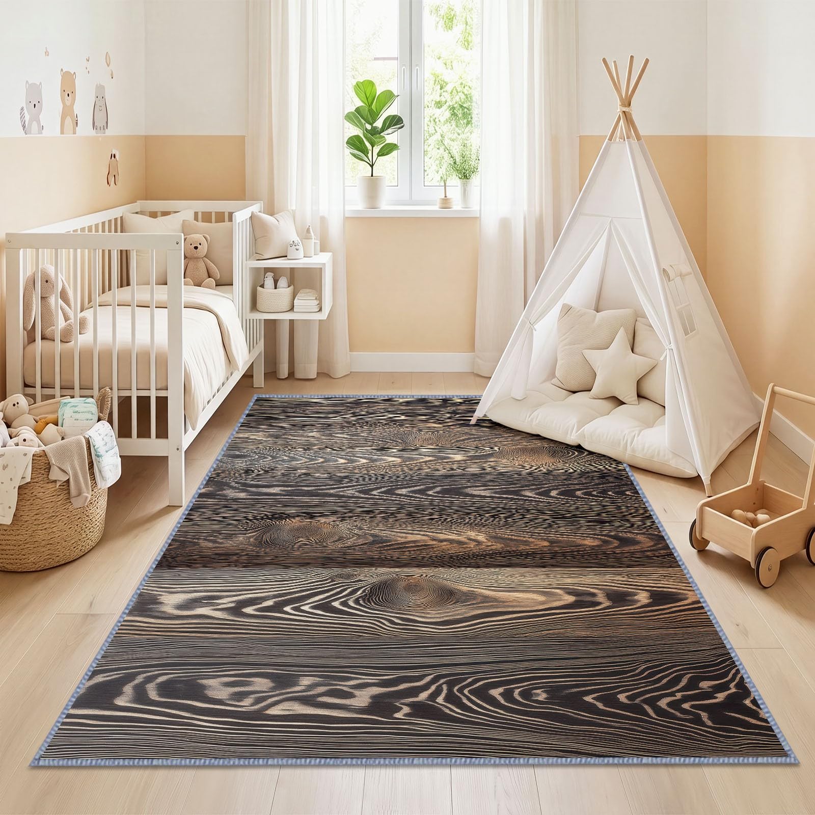 Tappeto rustico lavabile per soggiorno 240 x 300 cm, grande tappeto per interni a pelo basso naturale con struttura ad anello con albero, antiscivolo, super morbido, per camera da letto, sala da