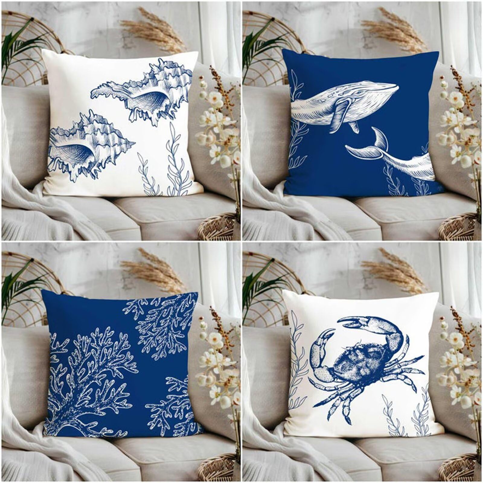 Heaen Outdoor Cushions Covers Waterproof 35x35 cm Set of 4 Square Linen Pillow Cases Simple Blue Whale Decorative Dushions for Sofa Porch Patio Home Decor
