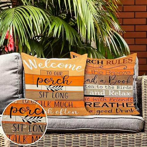 Jartinle Juego de 2 fundas de almohada impermeables de 18 x 18 pulgadas, con texto en inglés "Welcome to Our Porch", fundas de almohada para muebles