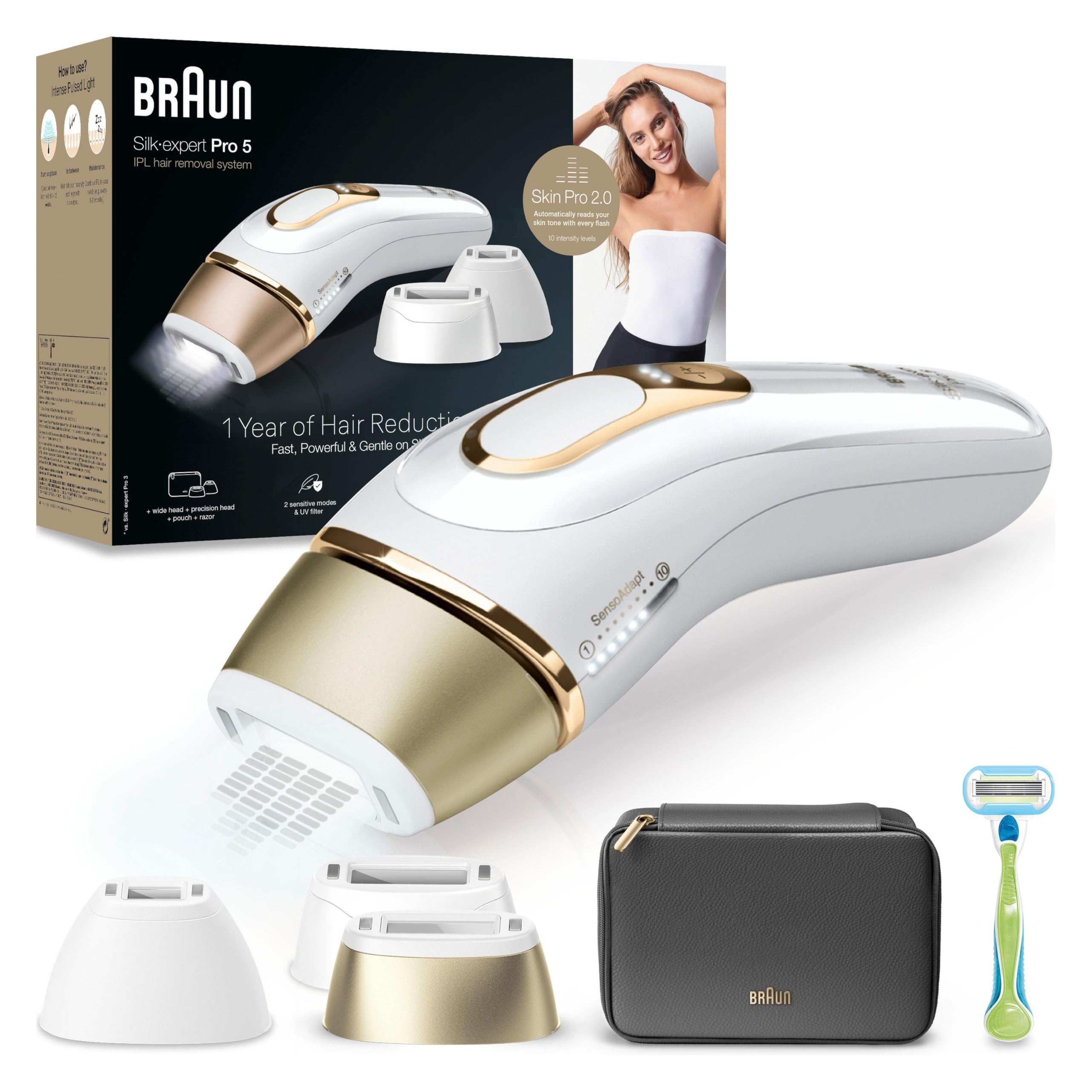 Braun IPL Silk-Expert Pro 5 PL5242 Haarentfernung für Zuhause, Weiß/Gold, mit Venus-Rasiersystem, 3 Köpfe