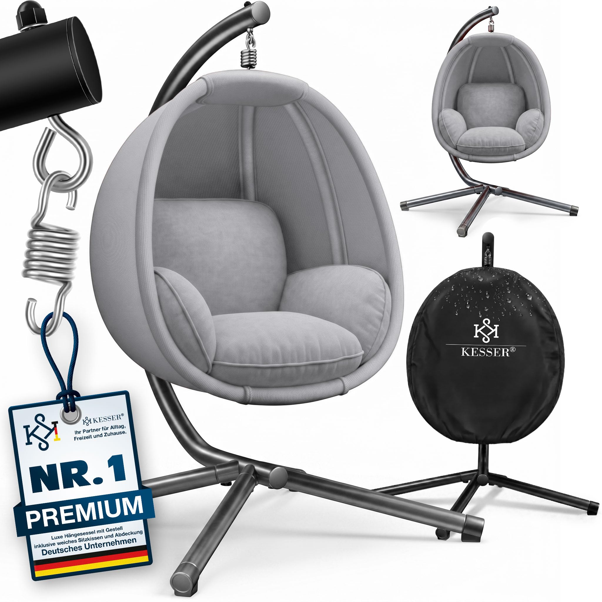 KESSER® Silla Colgante de Lujo con Marco + cojín de Asiento Suave, cojín Lateral, cojín de Asiento y Respaldo Cesta, Colgante para Interior y Exterior, Cesta Colgante de jardín, Peso máx. 150 kg