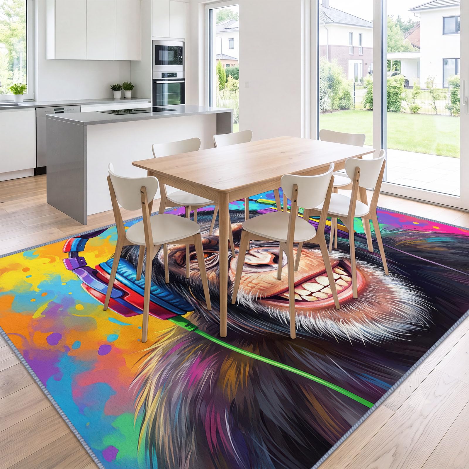 Generisch Teppich Pop Abstrakt Im Trend Wohnzimmer Kurzflor Moderne Deko, Buntes Graffiti Kopfhörer Schimpanse Teppich Grösse: 240 x 300 cm Farbe:Bunt für Wohnzimmer Schlafzimmer Esszimmer Büro