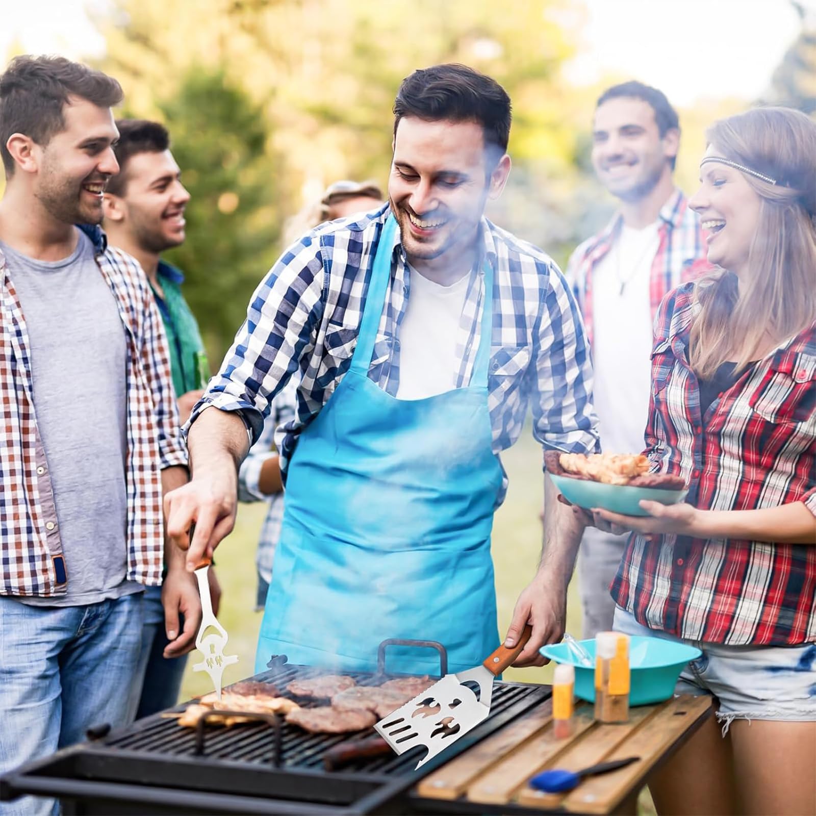 2 Pièces Spatule Barbecue, Spatule Barbecue 8 en 1 en Acier Inoxydable avec Manche en Bois pour Picnics et Outdoor