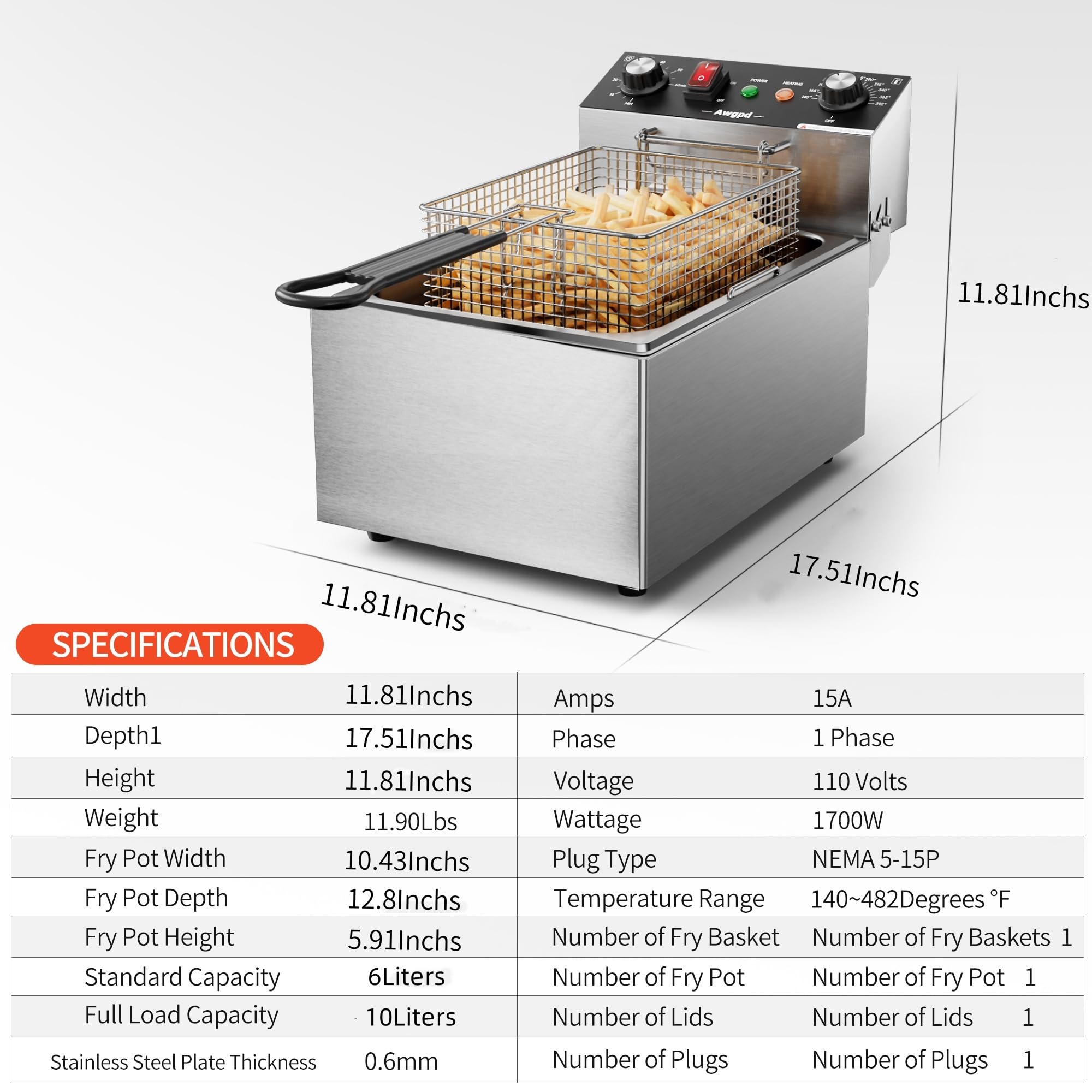 Freidora eléctrica de un solo tanque con capacidad de canasta, 10.5 cuartos de galón, freidoras eléctricas de encimera con temporizador de 60 minutos para cocina y restaurante, 1700 vatios, 110 V (10 3