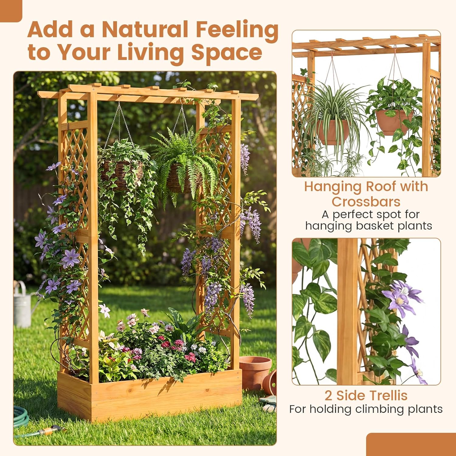 Happygrill 70” Raised Garden Bed with Trellis, Wood Planter Box w/Hanging Roof, 2 Side Trellises, Open-ended Base for Flower, Vegetable, Vine Climbing Plant, Vertical Plant Container for Garden, Patio