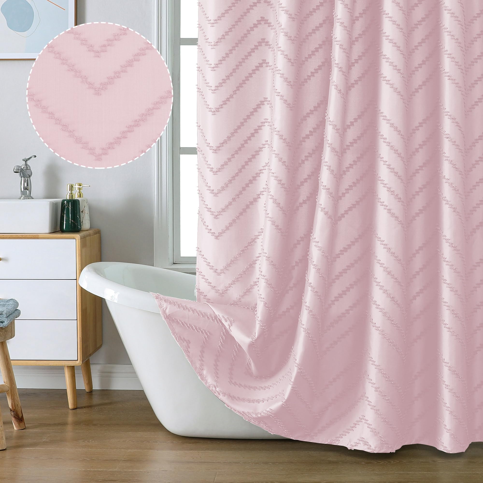 Chyhomenyc Chevron Extra Long Blush Pink Boho Shower Curtain 72x84 inches, Fabric Shower Curtain Modern Farmhouse Chic Textured Tufted Chevron Striped Cute Hotel Bathroom Shower Curtain