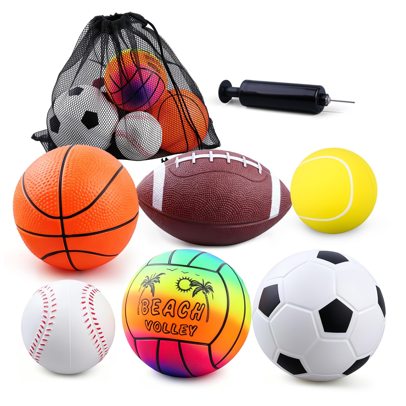 MILIEUR 6Pcs PVC Sports Ball Toy Set, Mini Soft Rubber Football Basketball Rugby Baseball Tennis Beach Volleyball for Swimming Pool Game, Indoor Outdoor Playground Bouncy Kickball for Kids Toddler