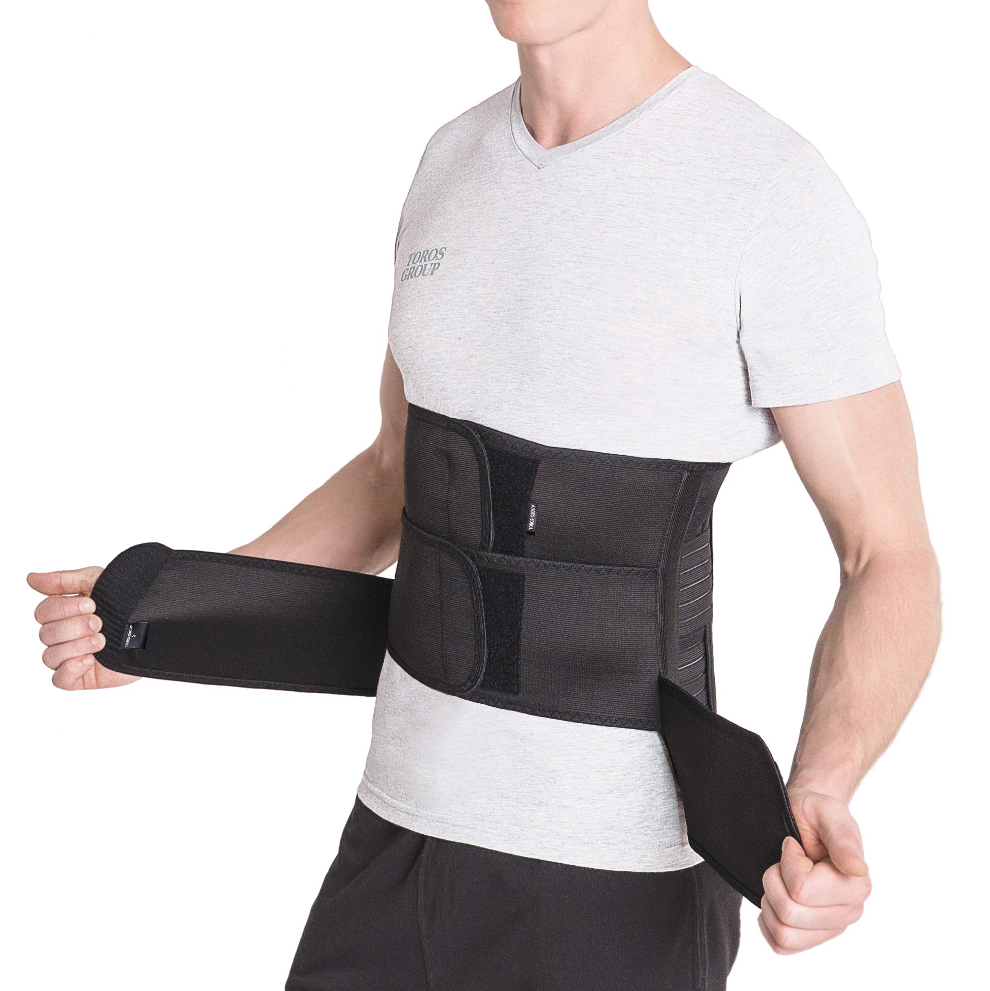 TOROS-GROUP – Faja Lumbar – Soporte Dorsal con Fijación Rígida y Compresión, Rehabilitación y Estabilización tras Lesiones, Ideal para Contornos Grandes de Cintura – Negro, XXL