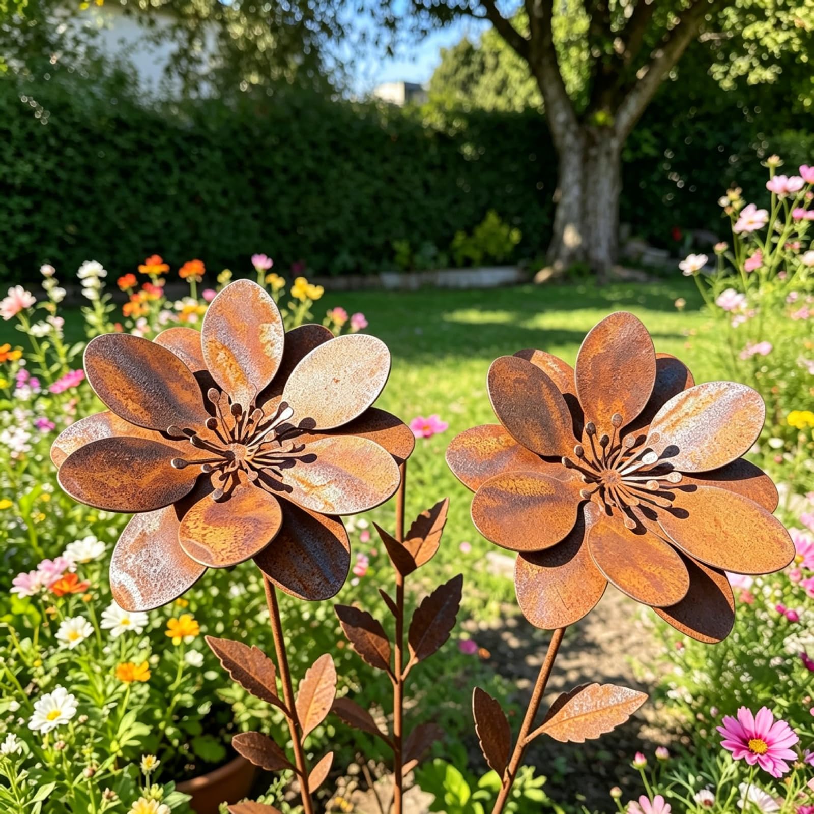 CLBDRESS Rustic Metal Coneflower Garden Stakes 14x4 Inch Vintage Rusty Cornflower Statues Stake Metal Artistic Wire Art Decor for Lawns Yards Patio Home Farmhouse Decoration