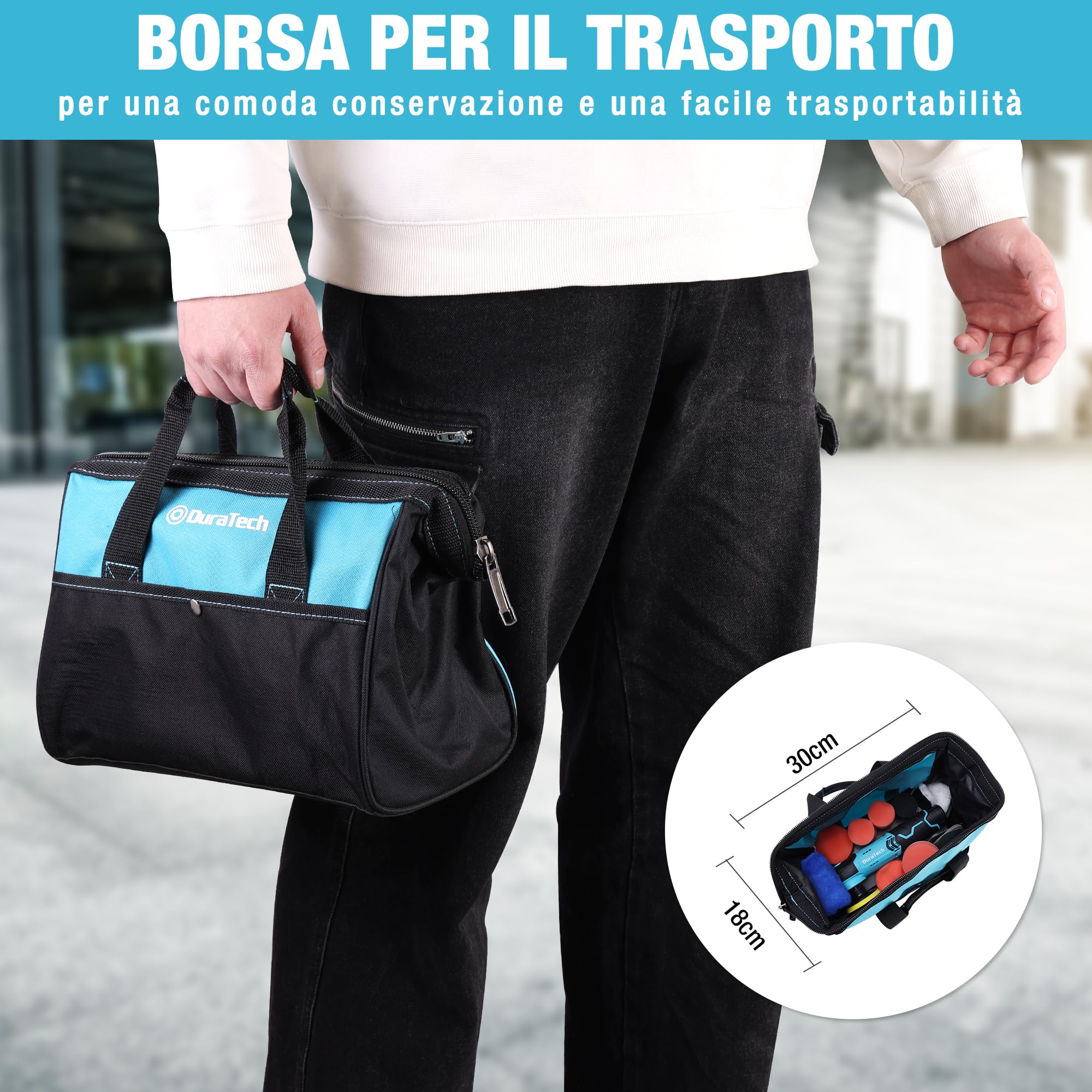 DURATECH Lucidatrice Elettrica 12V con Platorelli, 5 Velocità Regolabili fino a 3000 giri/min, con Spugne, Panni e Disco di Lucidatura, Lucidatrice per Auto, Mobili, Lucidatura Fai da te