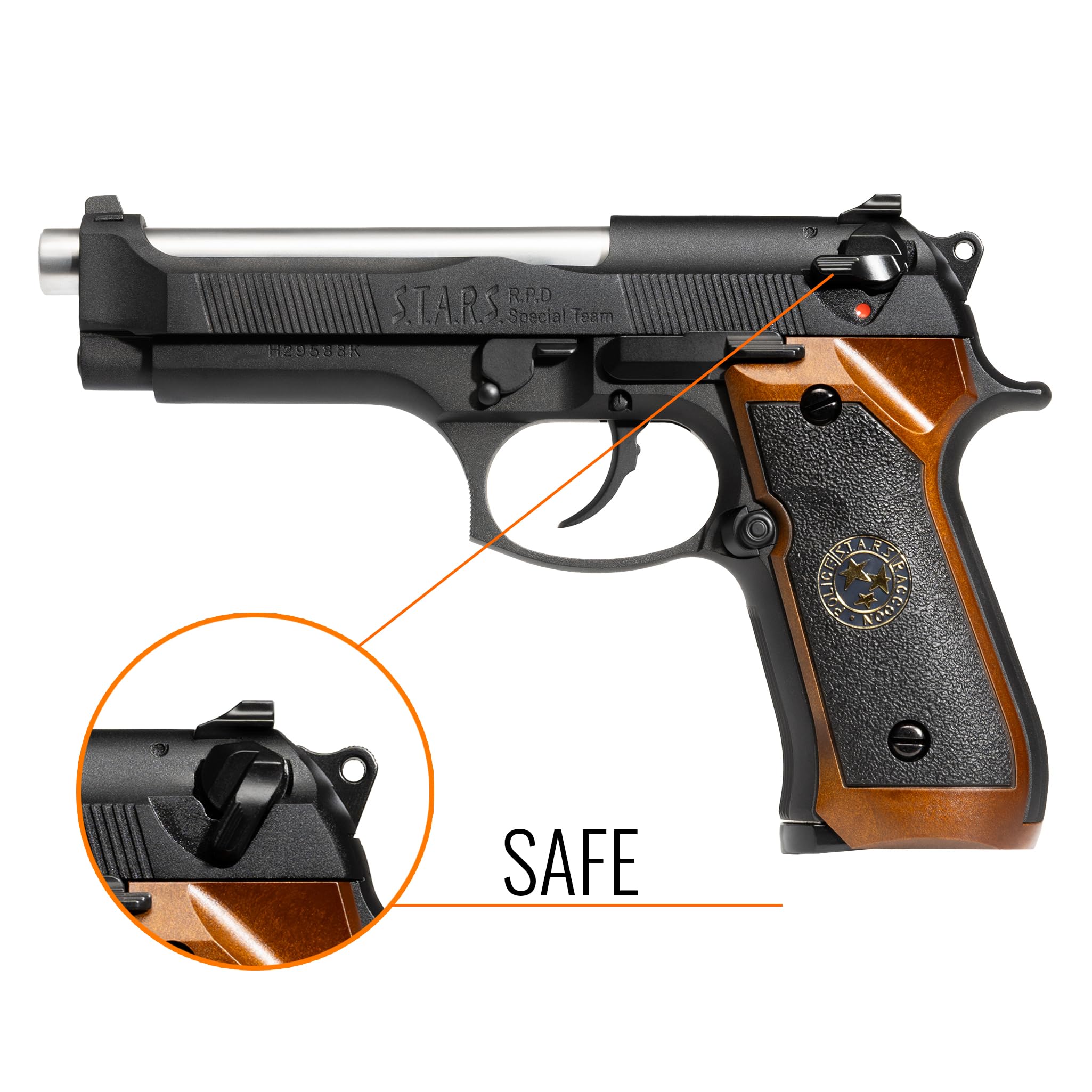 Pistola gas scarrellante softair M92 full metal, POTENZA 0,9 JOULE, calibro 6mm, caricatore 27 colpi, hop-up regolabile, sicura/semi-auto, 220mm 950g