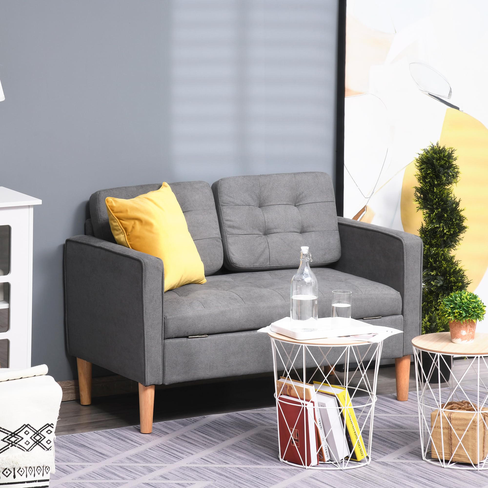 HOMCOM 2 Sitzer Sofa, Couch mit Stauraum, Holzbeine, Gepolsterter Polstersofa mit Samtoptik für Wohnzimmer, Schlafzimmer, 117x 62 x 78 cm, Grau