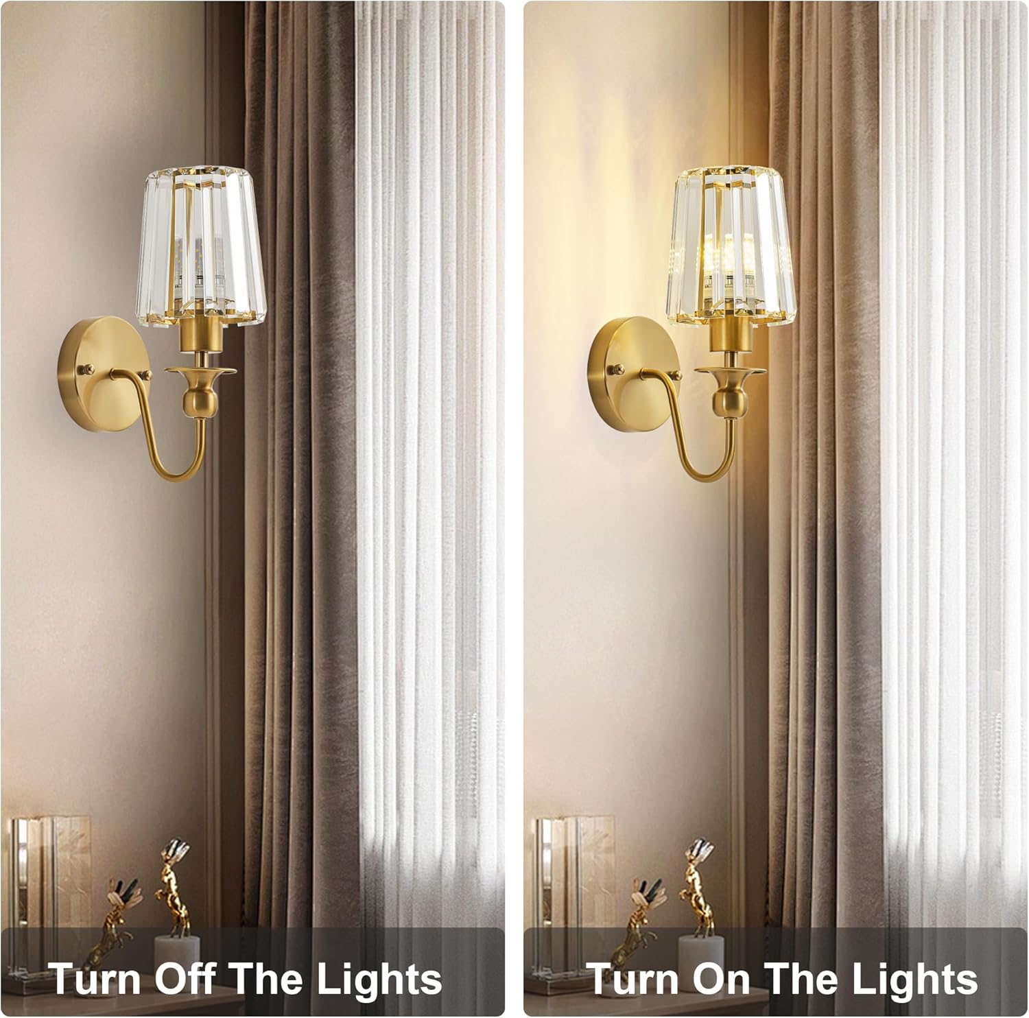 Hardwired Crystal Wall Sconces Set of Two - Dimmable Wall Light Fixtures 3000K, Warm White, for Hallway, Bathroom, Living Room, Bedroom, Brass, 11.2 Inch