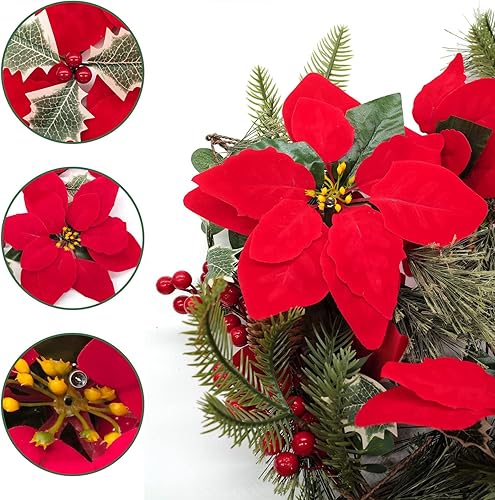 Miniatura 2 de Paquete de 2 guirnaldas de Pascua con luces, flores artificiales de seda de terciopelo preiluminadas, guirnalda de 6 pies con bayas rojas y hojas de