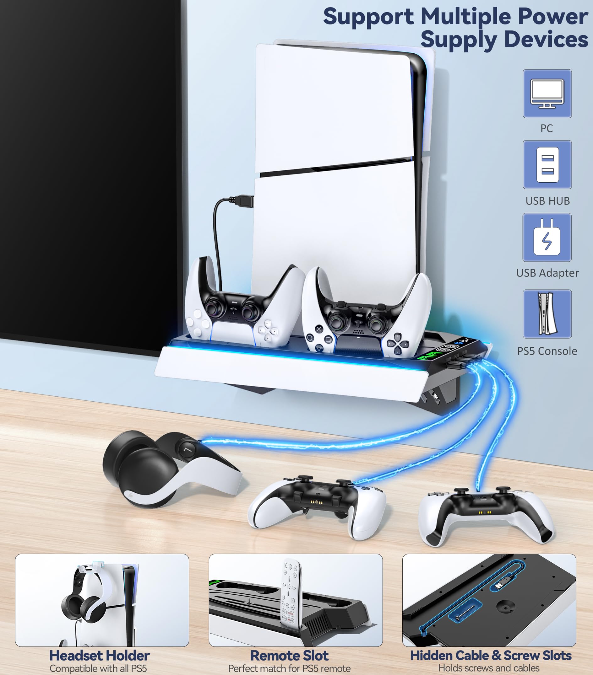 Tokluck Support Mural PS5 - Station de Refroidissement pour PS5 Slim/Original Disc & Digital, Ventilateur à 3 Niveaux, Accessoires pour Chargeur Manette